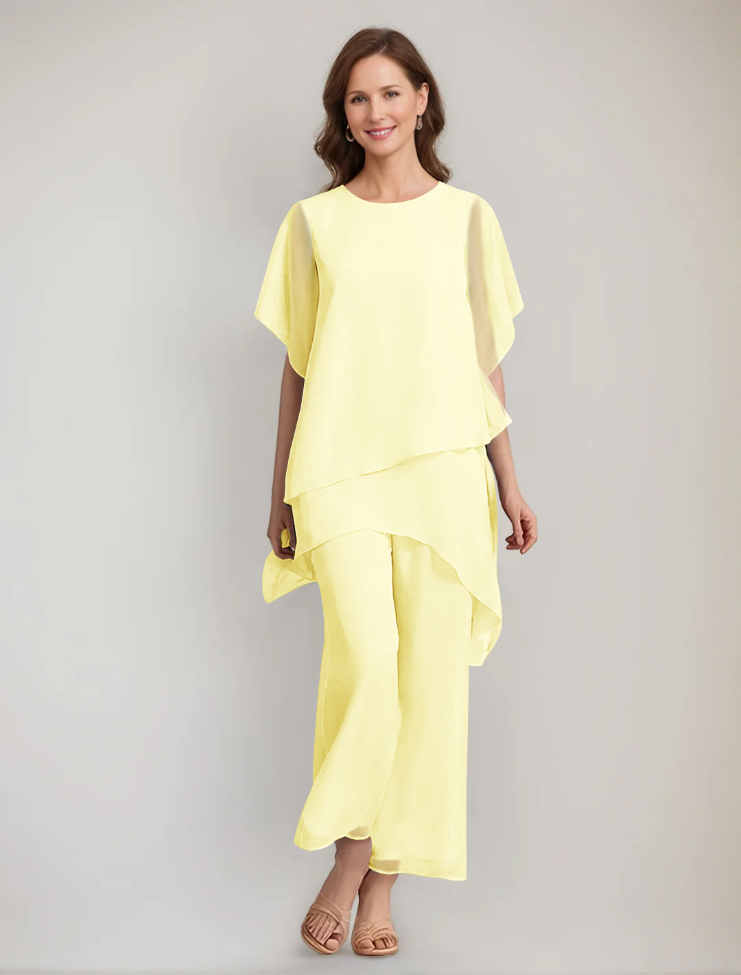 2 Pieces Scoop 1 2 Sleeves Ankle Length Asymmetrical Mother Of The Bride Pantsuits With Button