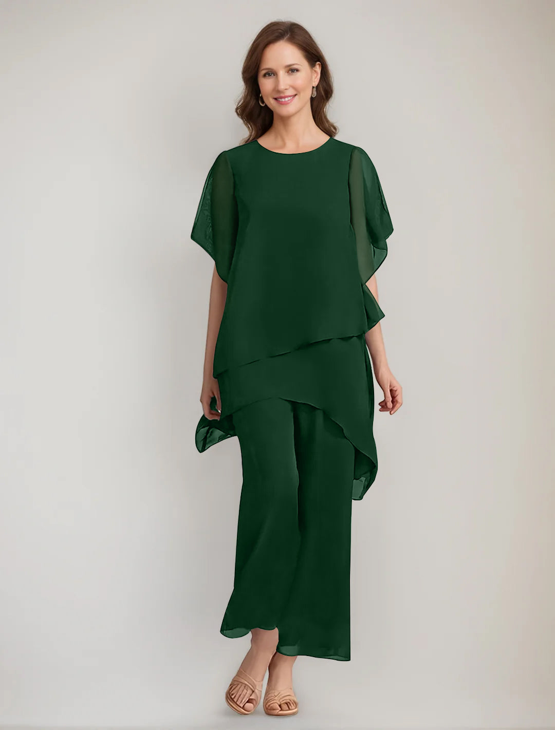 2 Pieces Scoop 1 2 Sleeves Ankle Length Asymmetrical Mother Of The Bride Pantsuits With Button