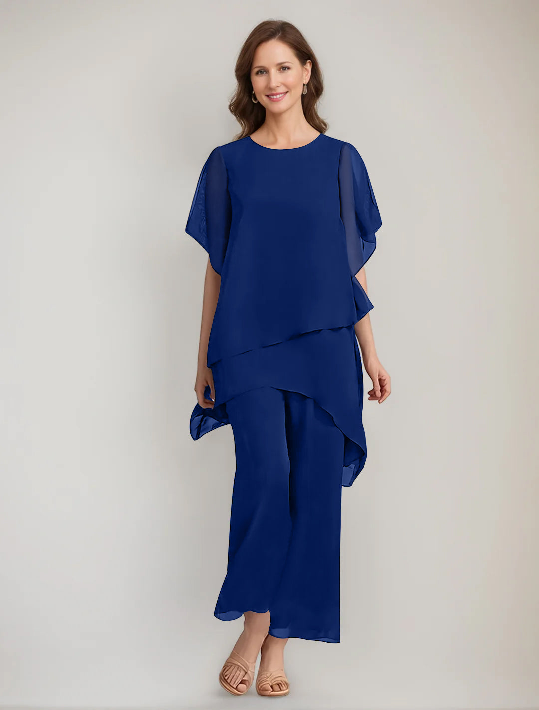 2 Pieces Scoop 1 2 Sleeves Ankle Length Asymmetrical Mother Of The Bride Pantsuits With Button