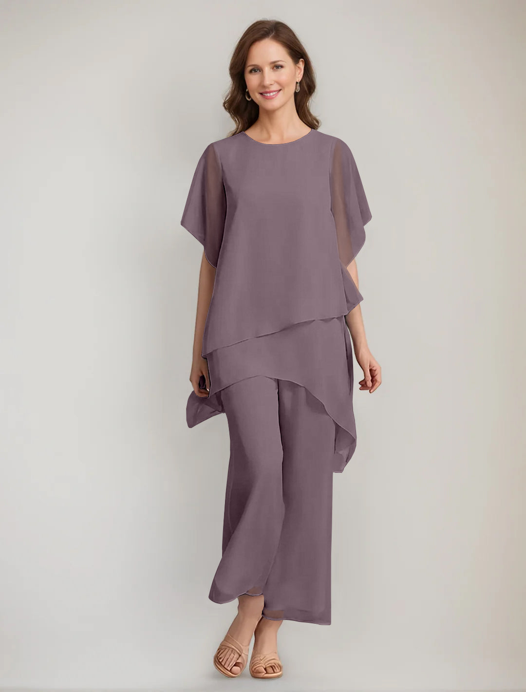 2 Pieces Scoop 1 2 Sleeves Ankle Length Asymmetrical Mother Of The Bride Pantsuits With Button