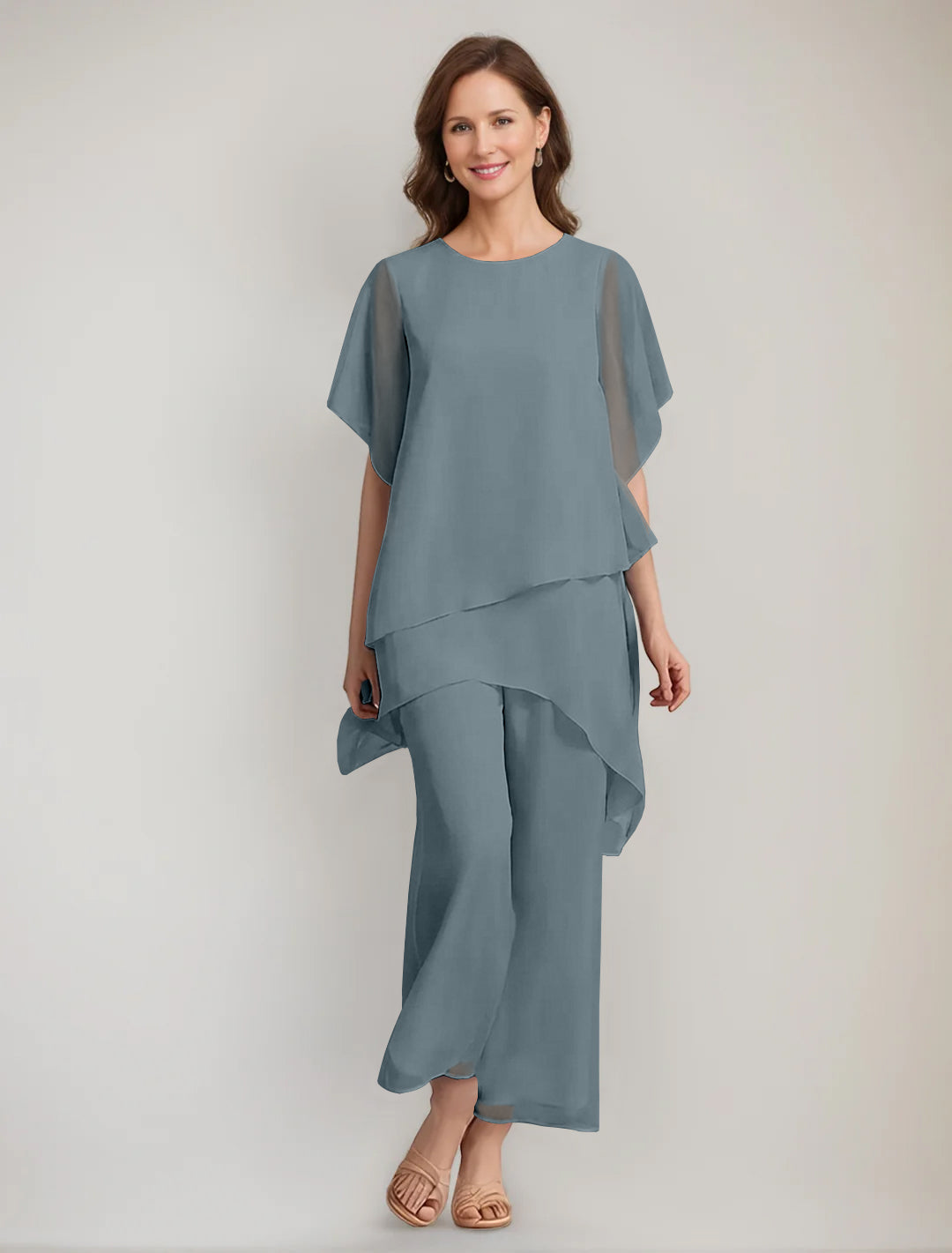 2 Pieces Scoop 1 2 Sleeves Ankle Length Asymmetrical Mother Of The Bride Pantsuits With Button