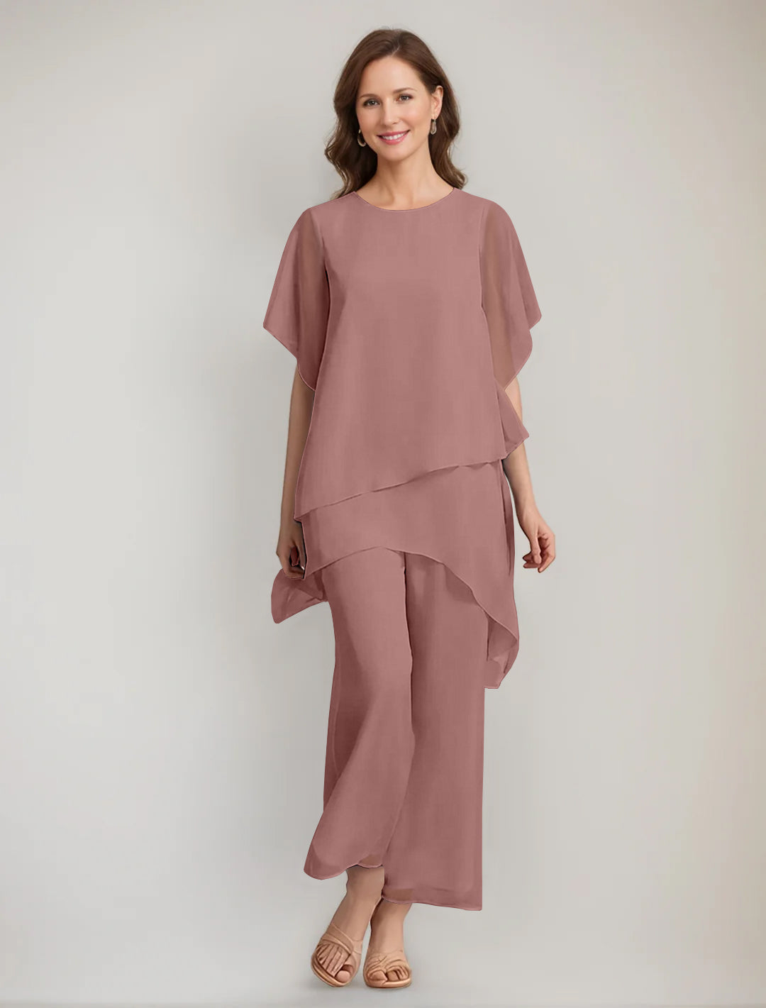 2 Pieces Scoop 1 2 Sleeves Ankle Length Asymmetrical Mother Of The Bride Pantsuits With Button