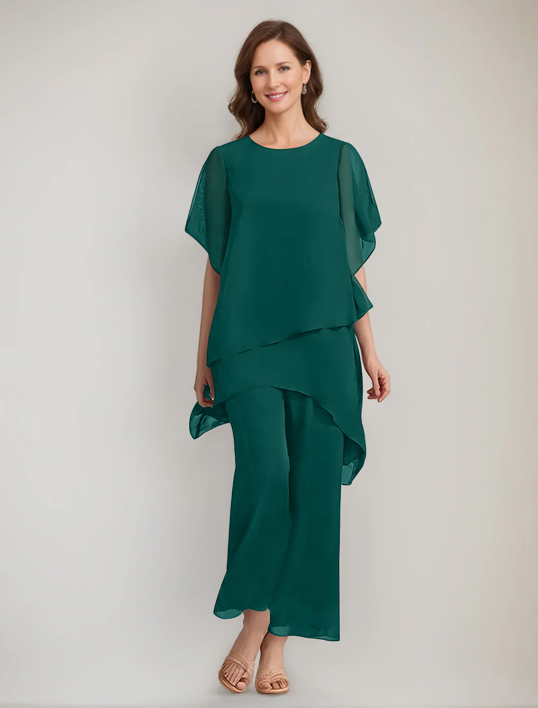2 Pieces Scoop 1 2 Sleeves Ankle Length Asymmetrical Mother Of The Bride Pantsuits With Button