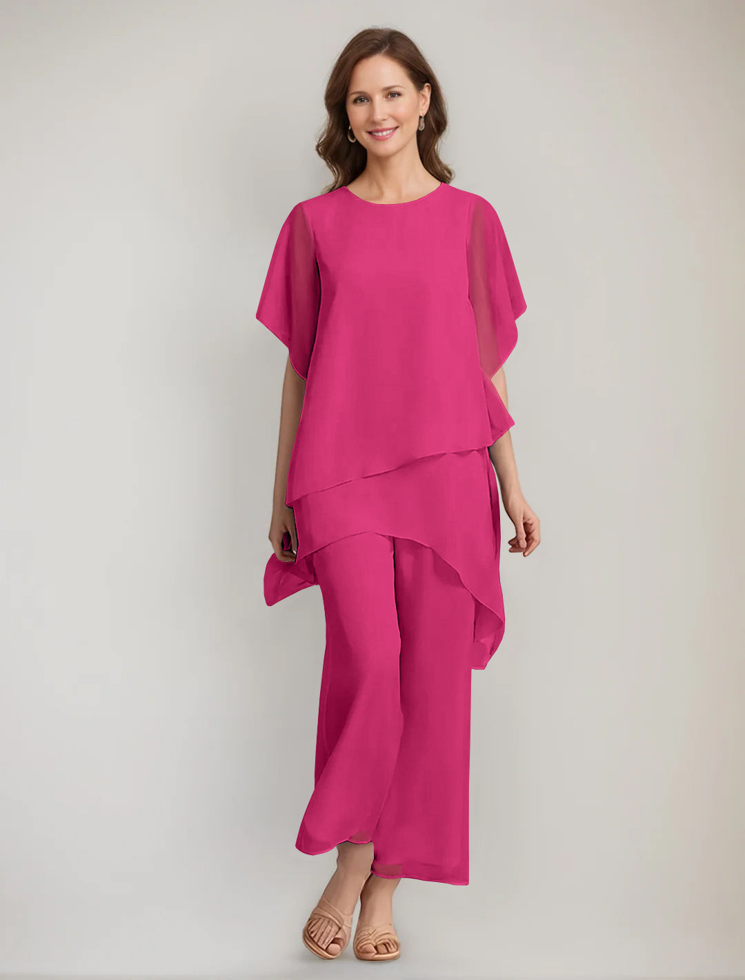 2 Pieces Scoop 1 2 Sleeves Ankle Length Asymmetrical Mother Of The Bride Pantsuits With Button