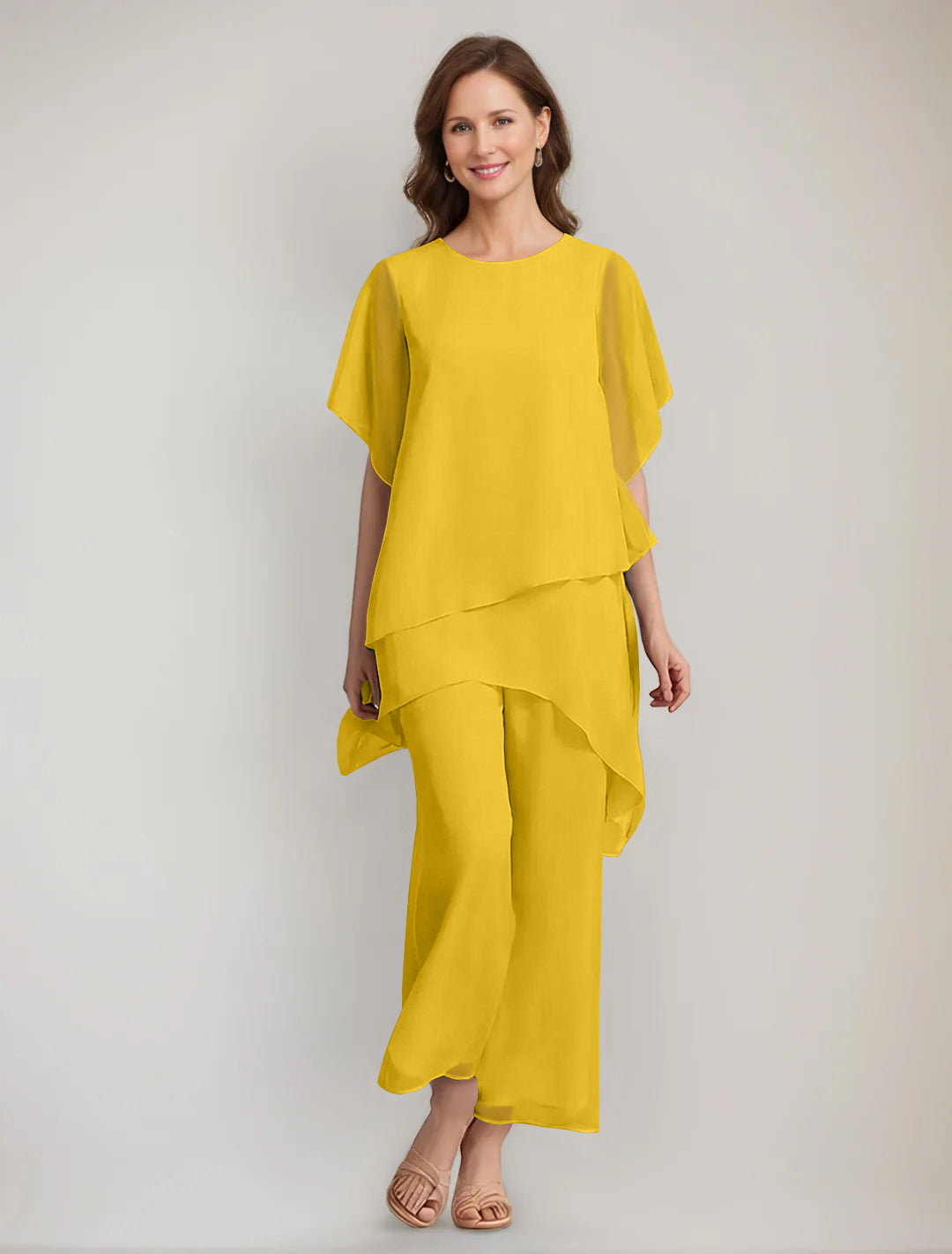 2 Pieces Scoop 1 2 Sleeves Ankle Length Asymmetrical Mother Of The Bride Pantsuits With Button