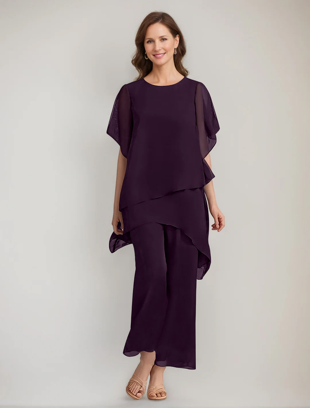 2 Pieces Scoop 1 2 Sleeves Ankle Length Asymmetrical Mother Of The Bride Pantsuits With Button