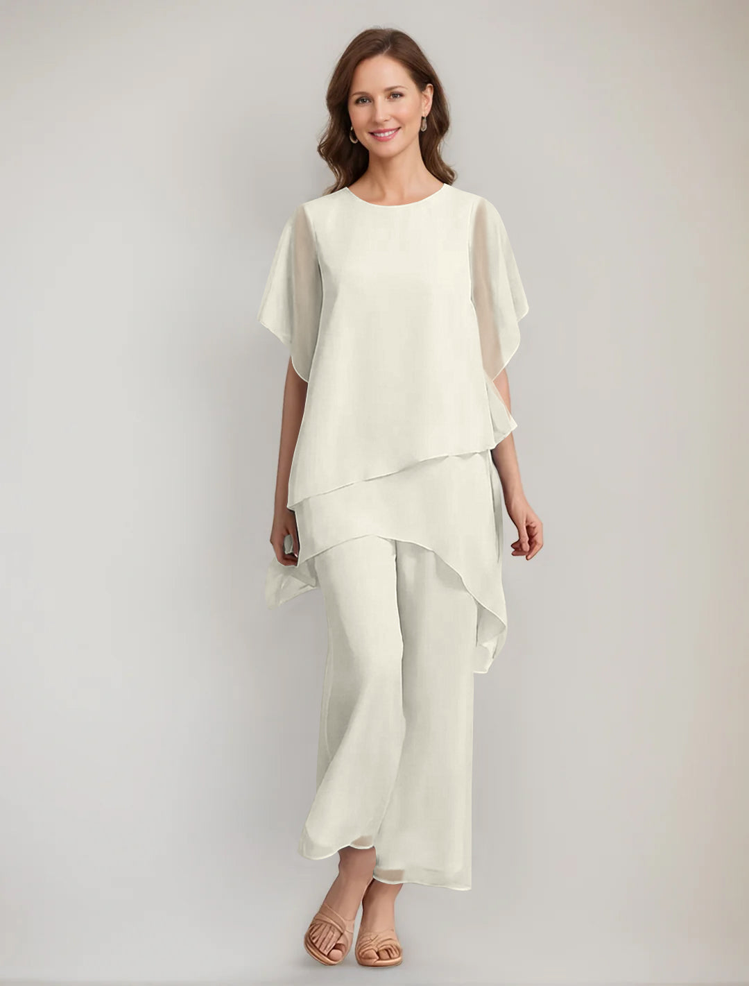 2 Pieces Scoop 1 2 Sleeves Ankle Length Asymmetrical Mother Of The Bride Pantsuits With Button