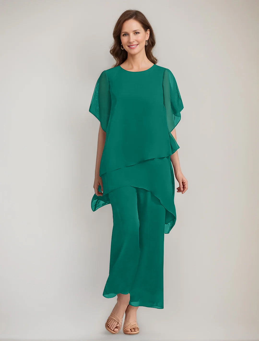 2 Pieces Scoop 1 2 Sleeves Ankle Length Asymmetrical Mother Of The Bride Pantsuits With Button