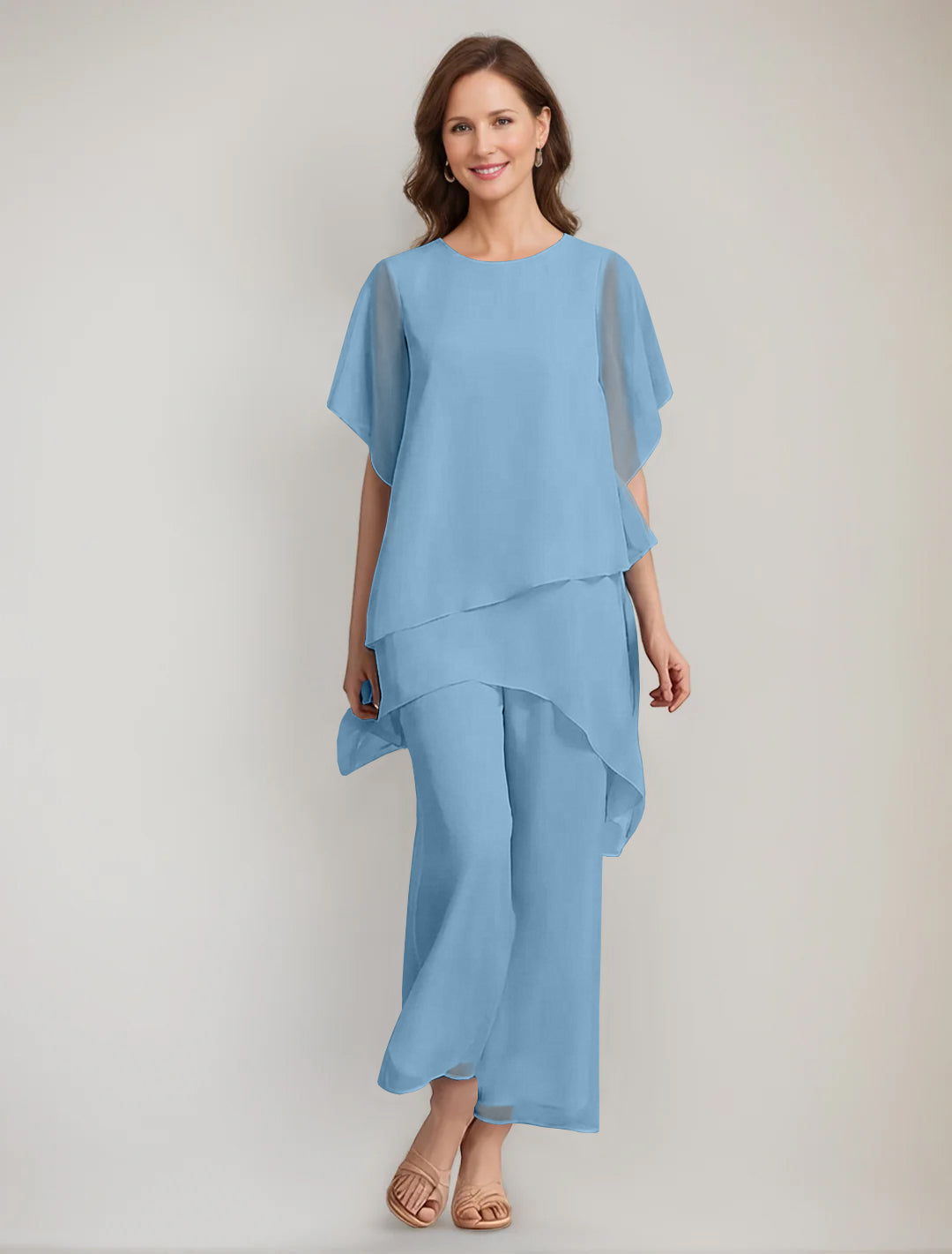 2 Pieces Scoop 1 2 Sleeves Ankle Length Asymmetrical Mother Of The Bride Pantsuits With Button