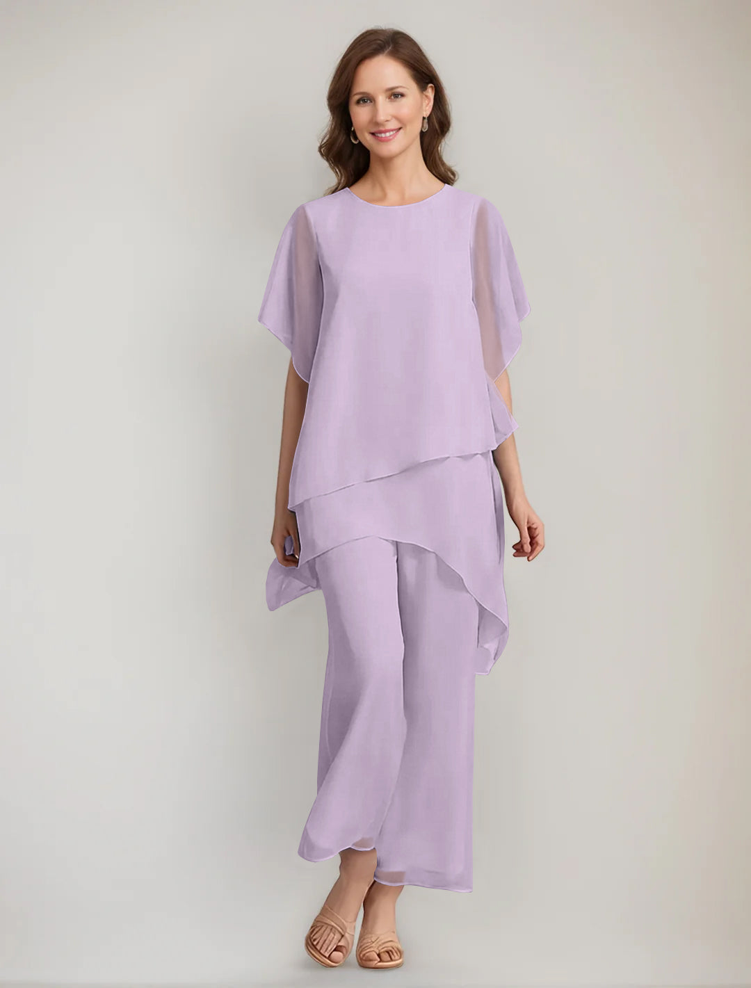 2 Pieces Scoop 1 2 Sleeves Ankle Length Asymmetrical Mother Of The Bride Pantsuits With Button