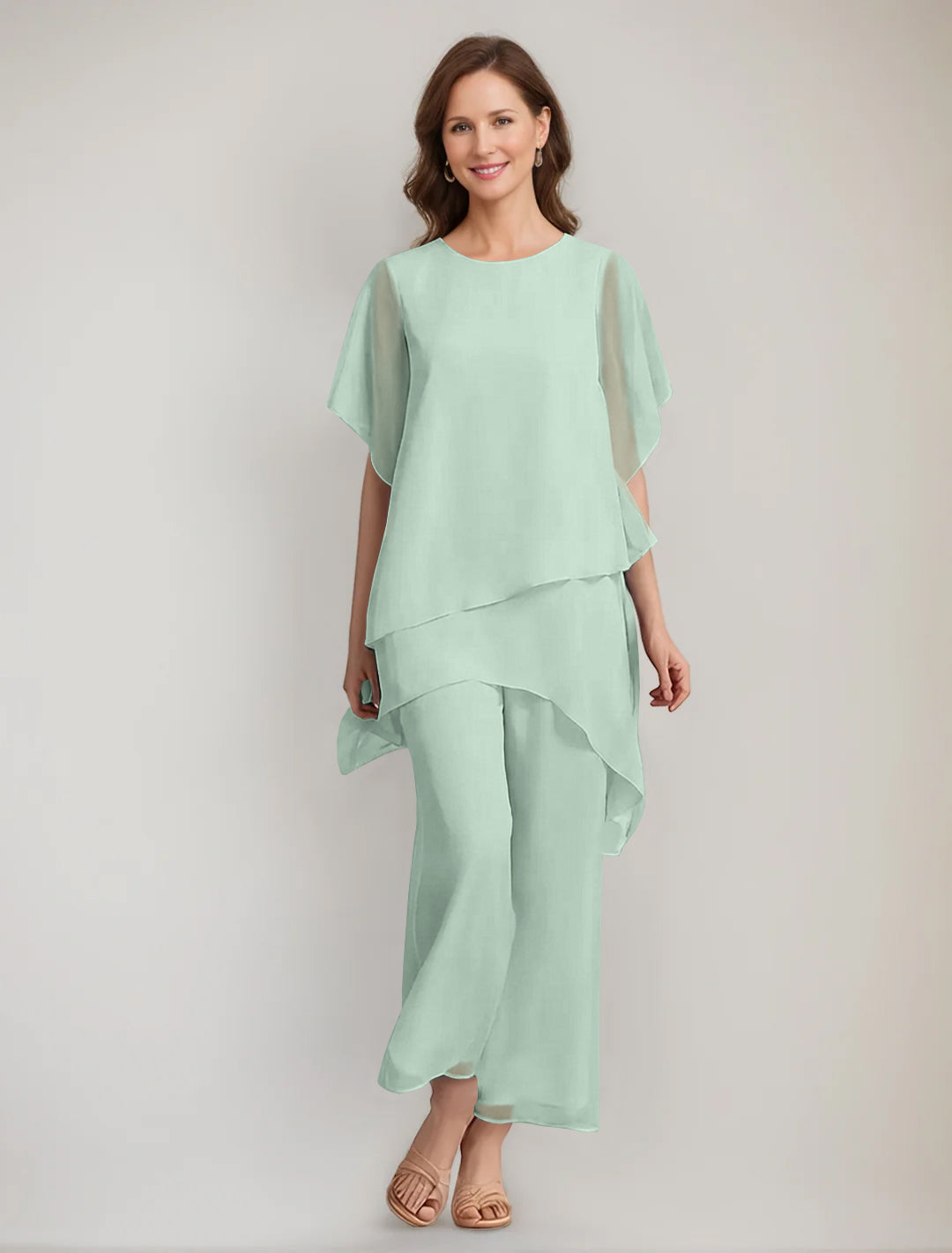2 Pieces Scoop 1 2 Sleeves Ankle Length Asymmetrical Mother Of The Bride Pantsuits With Button