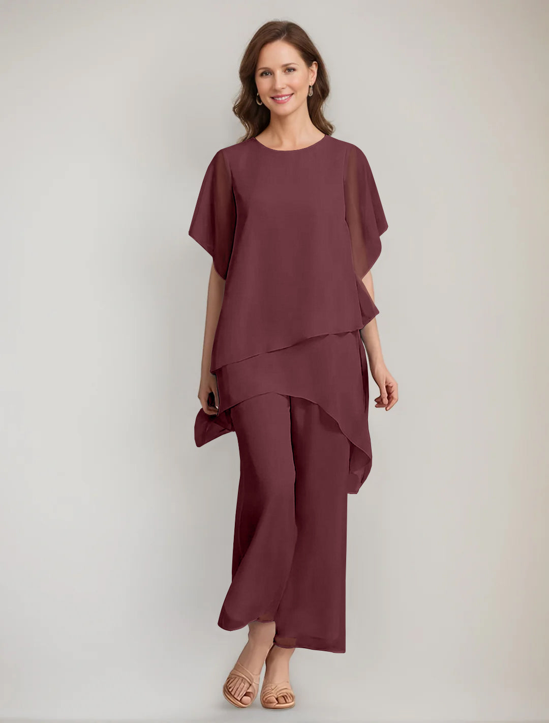 2 Pieces Scoop 1 2 Sleeves Ankle Length Asymmetrical Mother Of The Bride Pantsuits With Button
