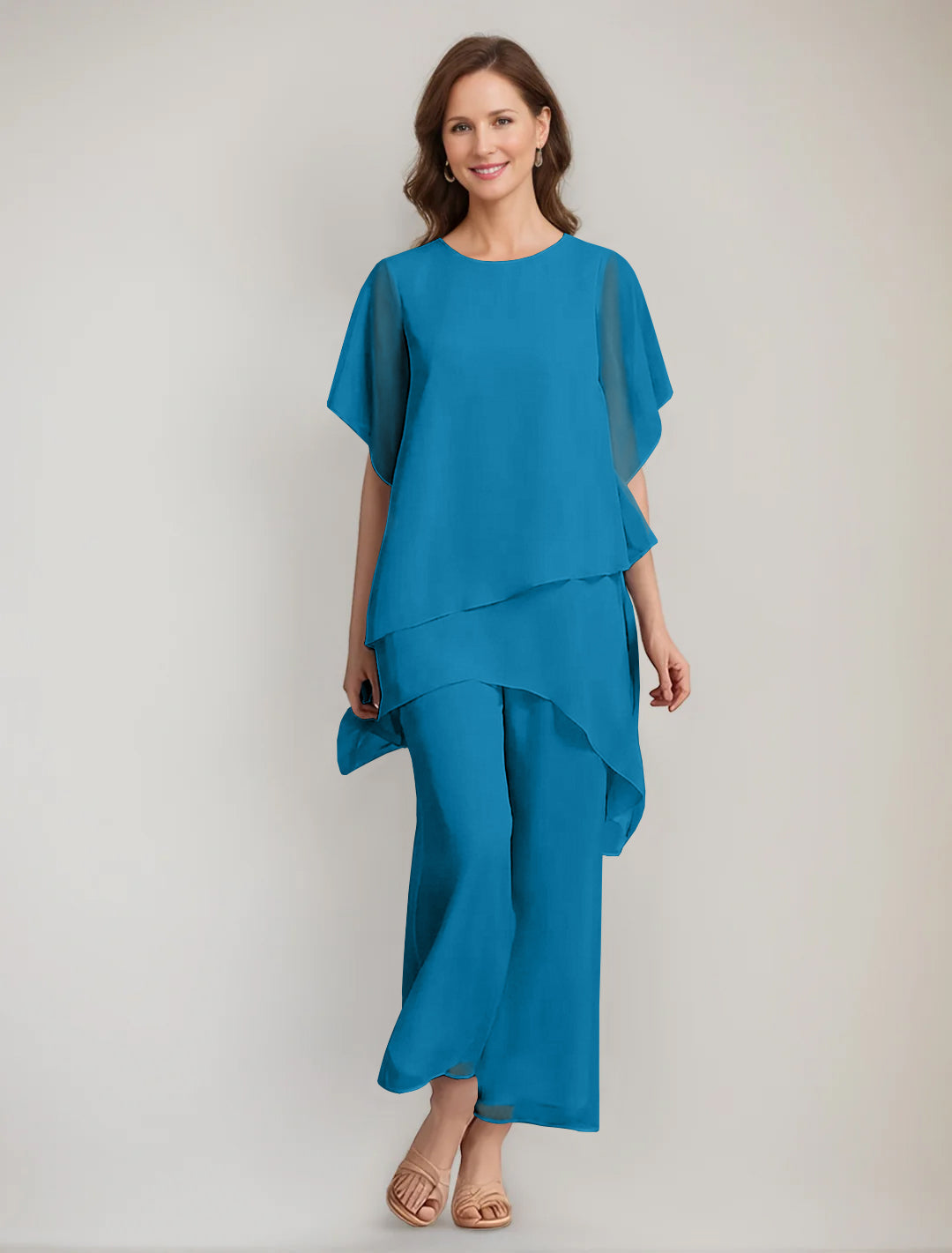 2 Pieces Scoop 1 2 Sleeves Ankle Length Asymmetrical Mother Of The Bride Pantsuits With Button
