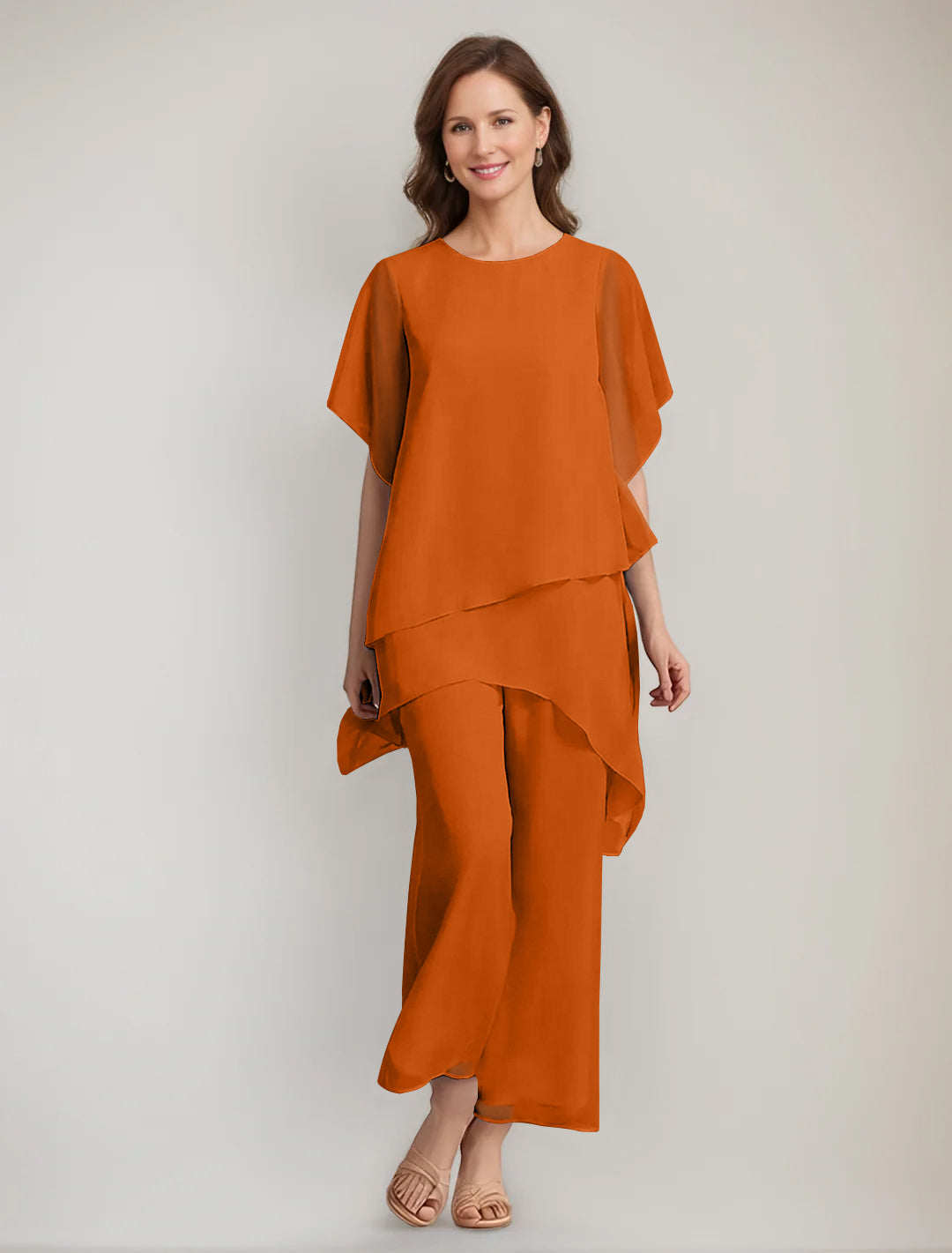 2 Pieces Scoop 1 2 Sleeves Ankle Length Asymmetrical Mother Of The Bride Pantsuits With Button