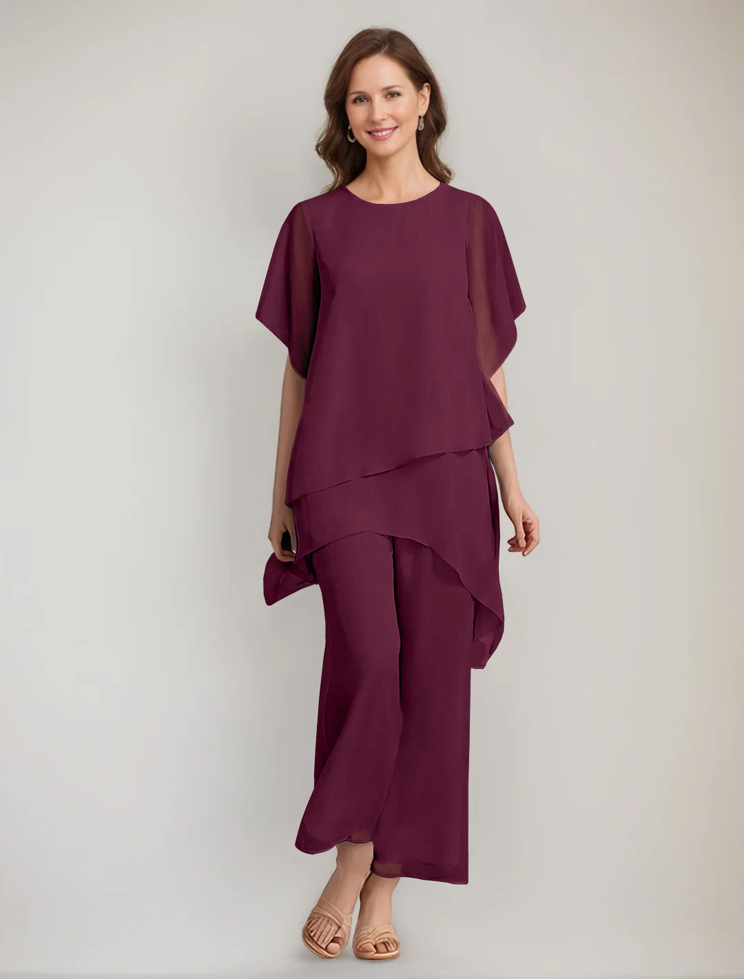 2 Pieces Scoop 1 2 Sleeves Ankle Length Asymmetrical Mother Of The Bride Pantsuits With Button