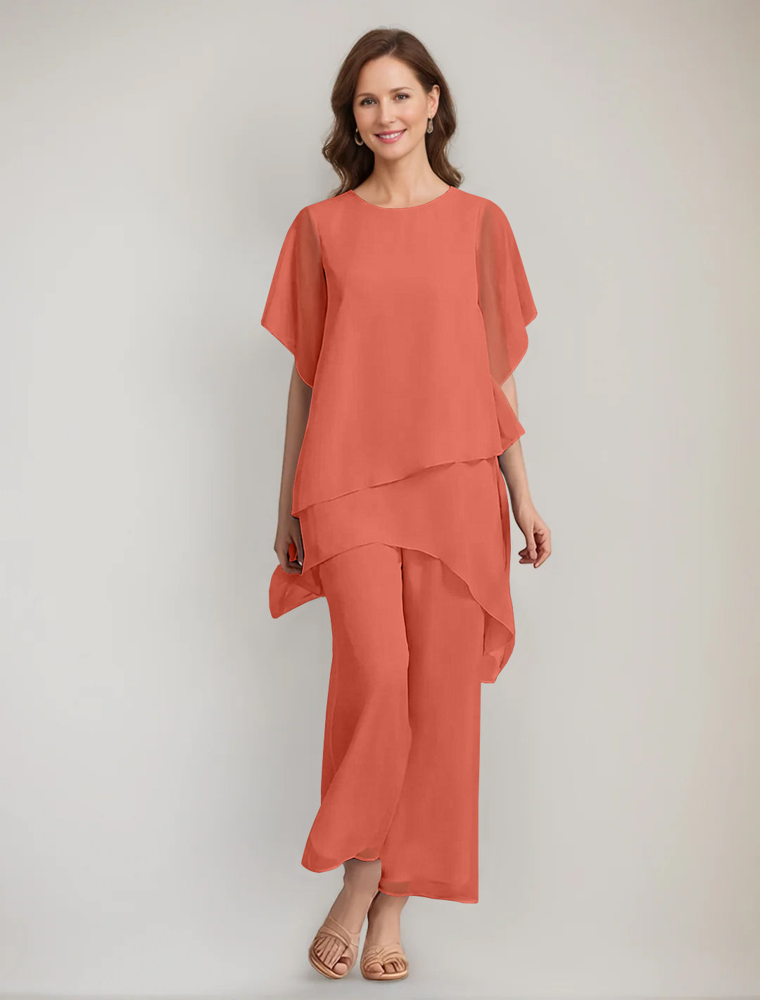 2 Pieces Scoop 1 2 Sleeves Ankle Length Asymmetrical Mother Of The Bride Pantsuits With Button