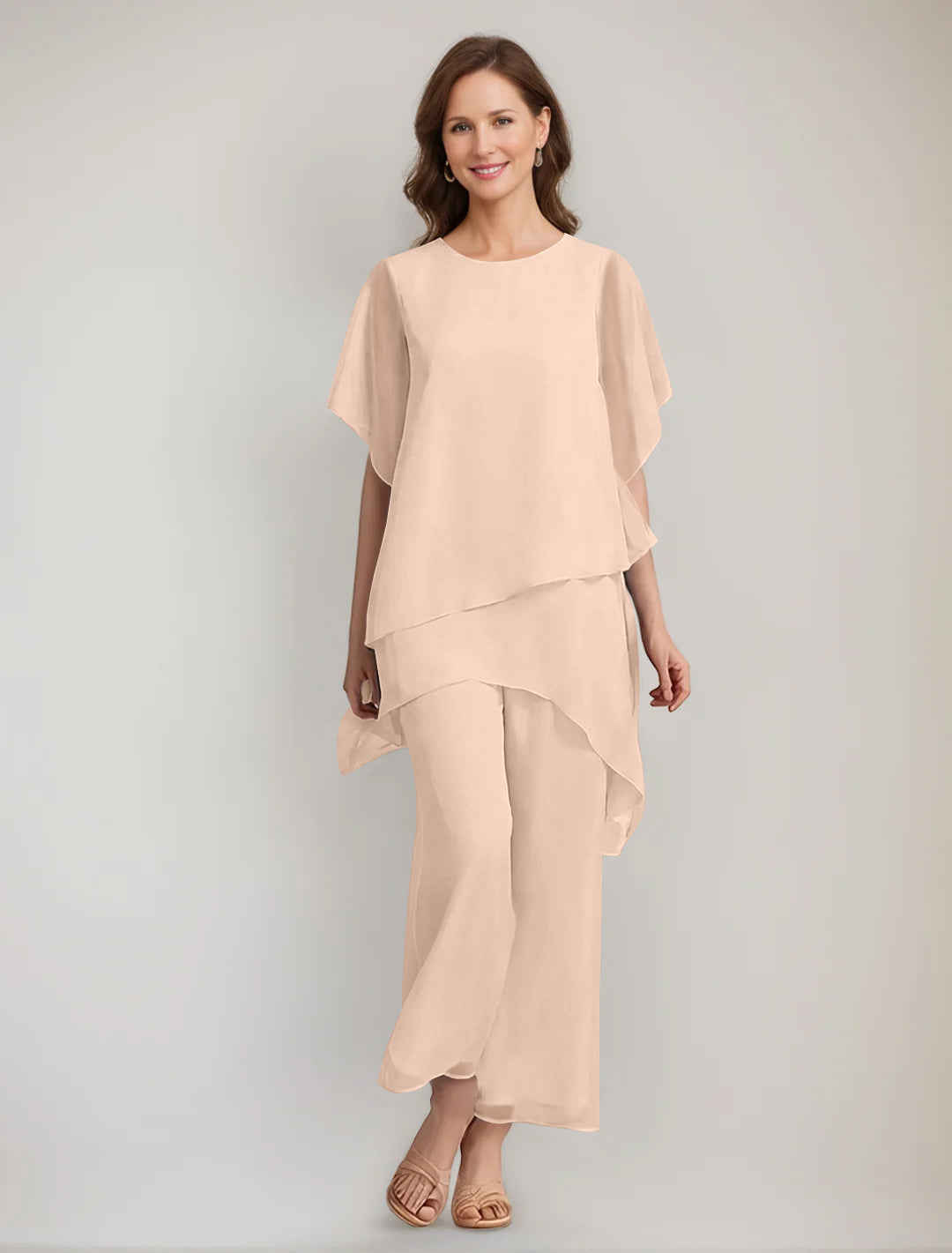2 Pieces Scoop 1 2 Sleeves Ankle Length Asymmetrical Mother Of The Bride Pantsuits With Button