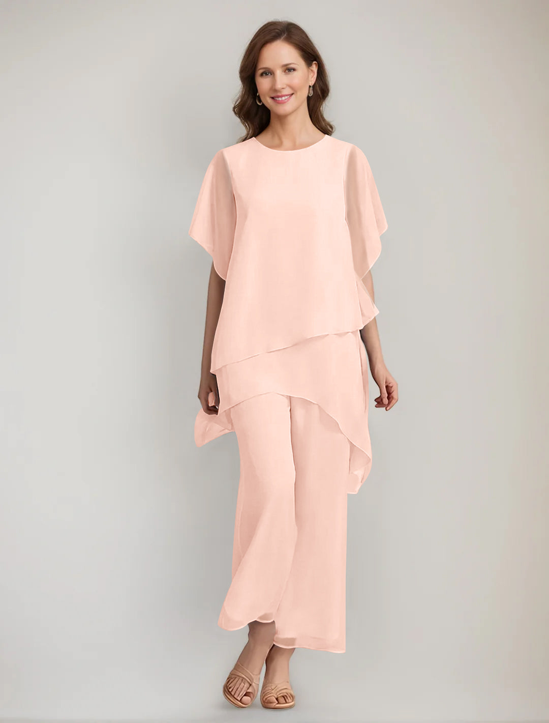 2 Pieces Scoop 1 2 Sleeves Ankle Length Asymmetrical Mother Of The Bride Pantsuits With Button