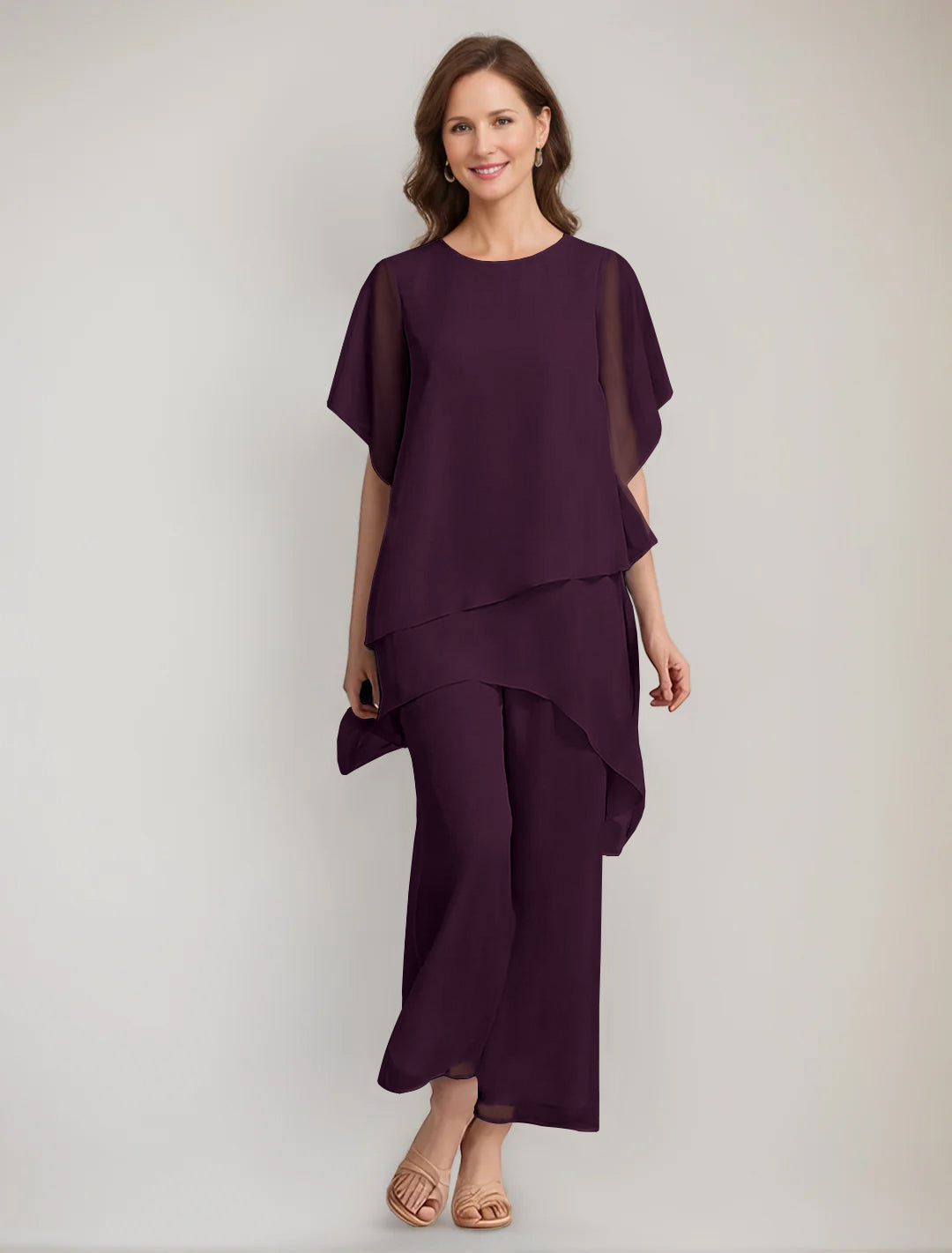 2 Pieces Scoop 1 2 Sleeves Ankle Length Asymmetrical Mother Of The Bride Pantsuits With Button