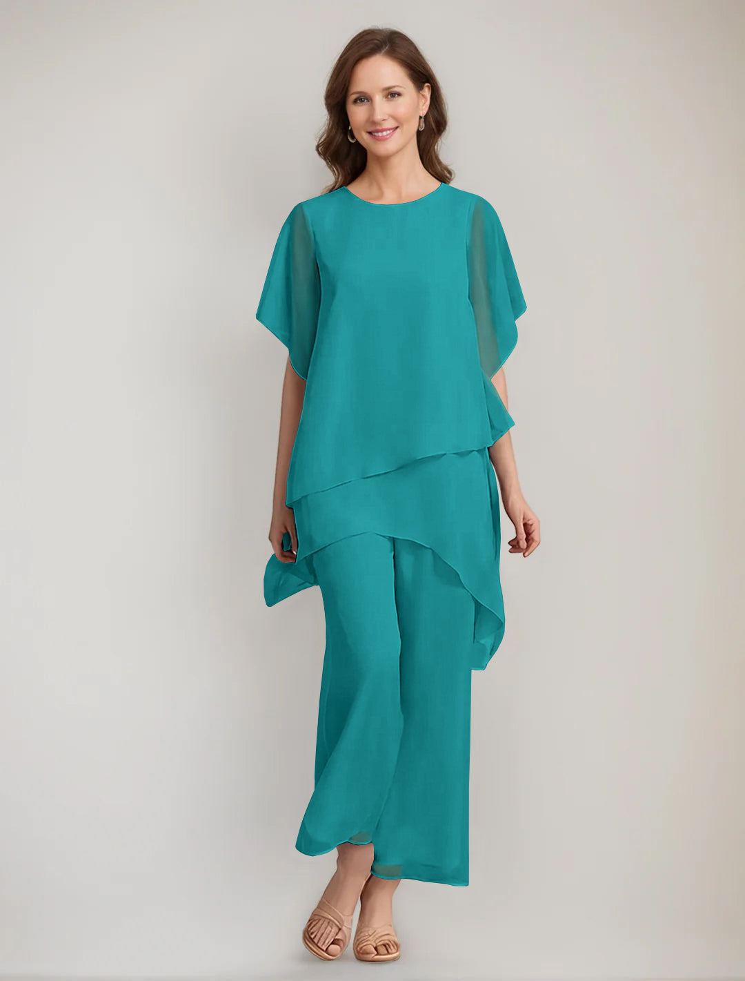 2 Pieces Scoop 1 2 Sleeves Ankle Length Asymmetrical Mother Of The Bride Pantsuits With Button