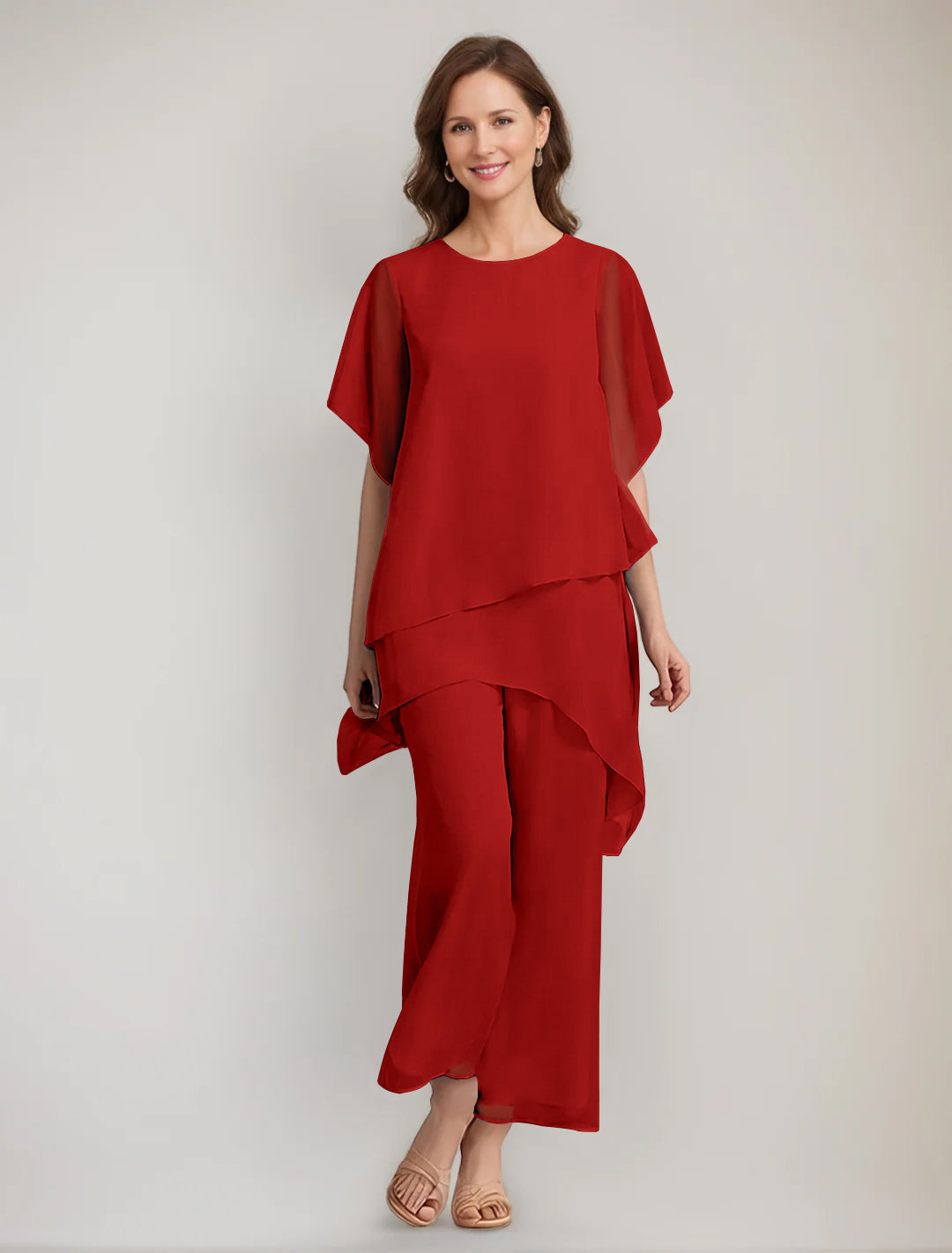 2 Pieces Scoop 1 2 Sleeves Ankle Length Asymmetrical Mother Of The Bride Pantsuits With Button