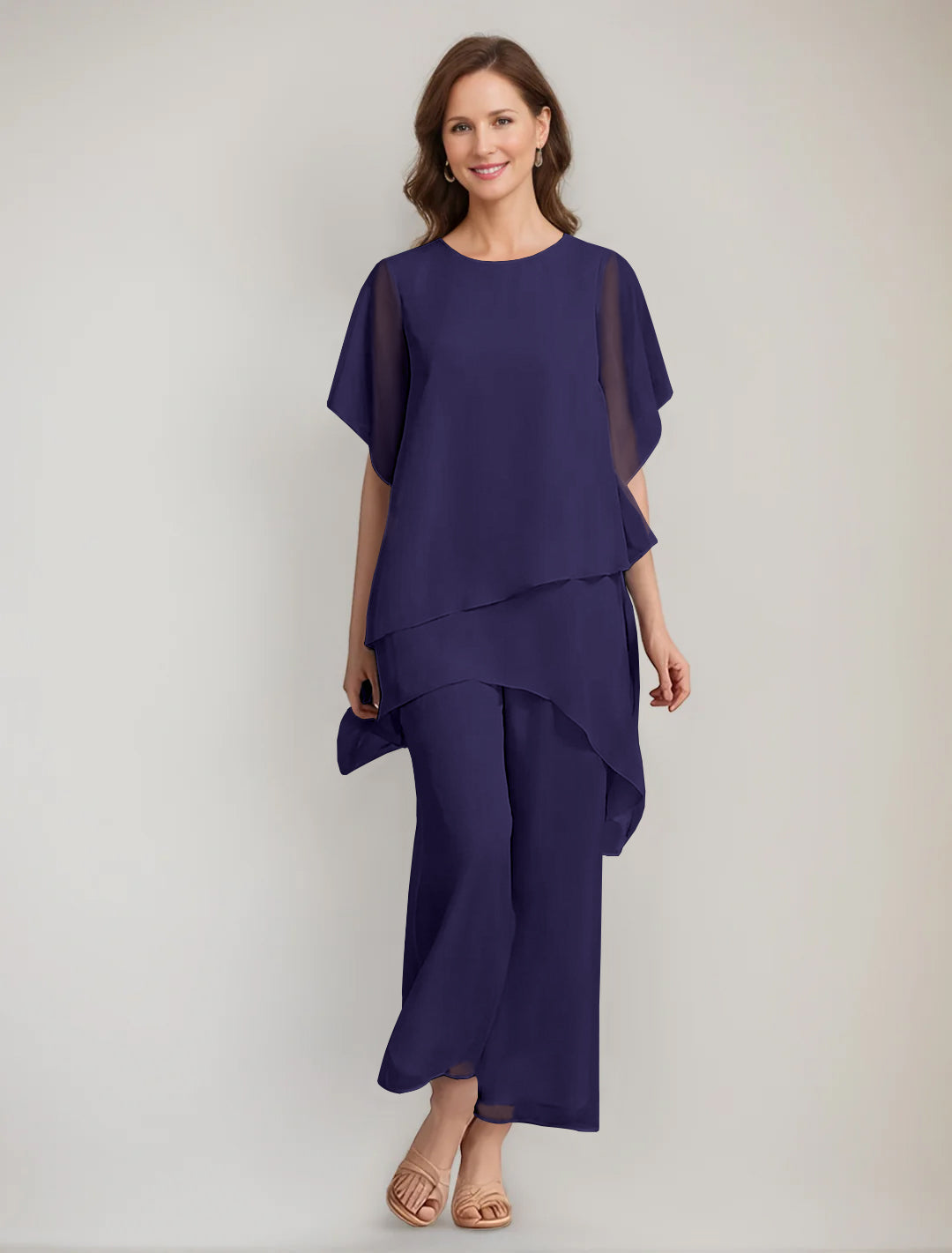 2 Pieces Scoop 1 2 Sleeves Ankle Length Asymmetrical Mother Of The Bride Pantsuits With Button