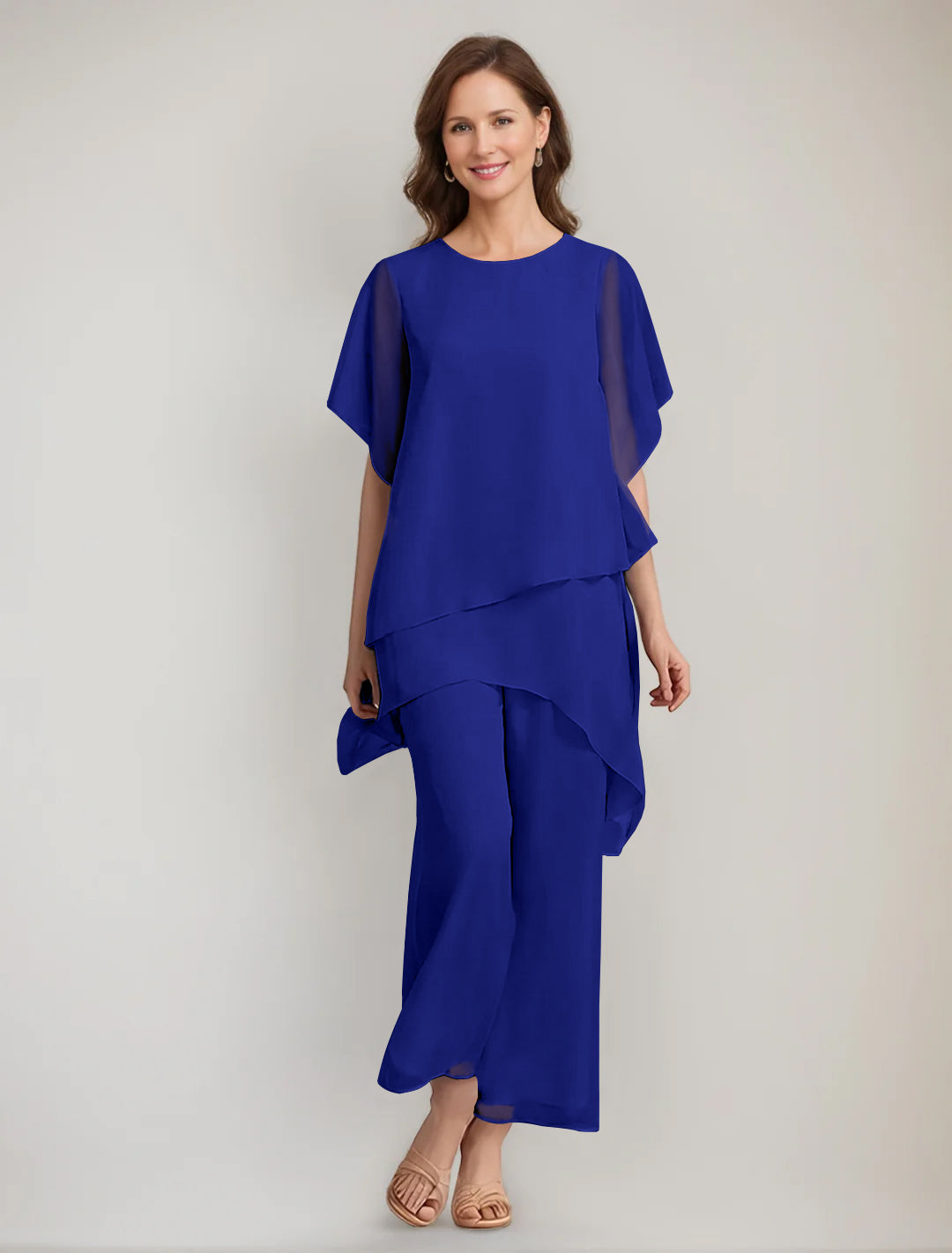 2 Pieces Scoop 1 2 Sleeves Ankle Length Asymmetrical Mother Of The Bride Pantsuits With Button