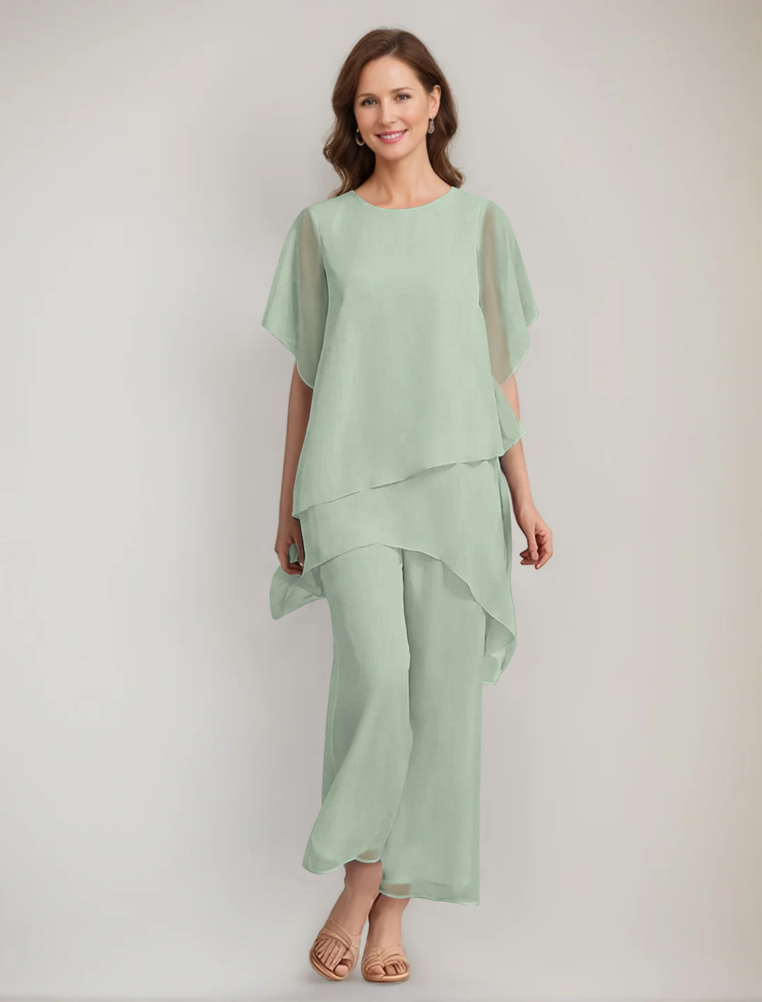 2 Pieces Scoop 1 2 Sleeves Ankle Length Asymmetrical Mother Of The Bride Pantsuits With Button