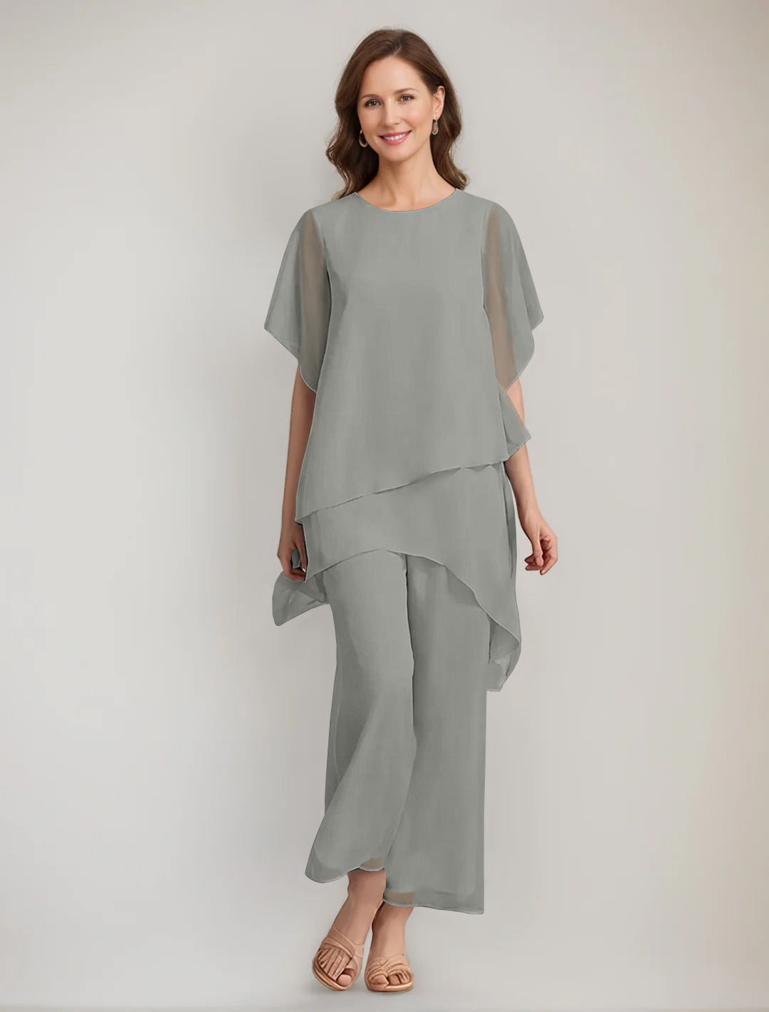 2 Pieces Scoop 1 2 Sleeves Ankle Length Asymmetrical Mother Of The Bride Pantsuits With Button