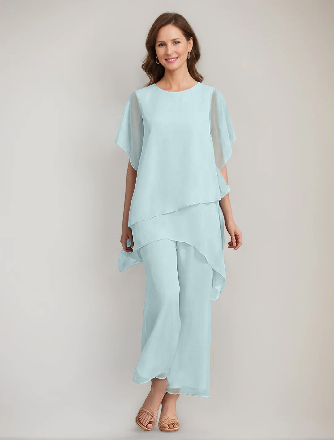 2 Pieces Scoop 1 2 Sleeves Ankle Length Asymmetrical Mother Of The Bride Pantsuits With Button