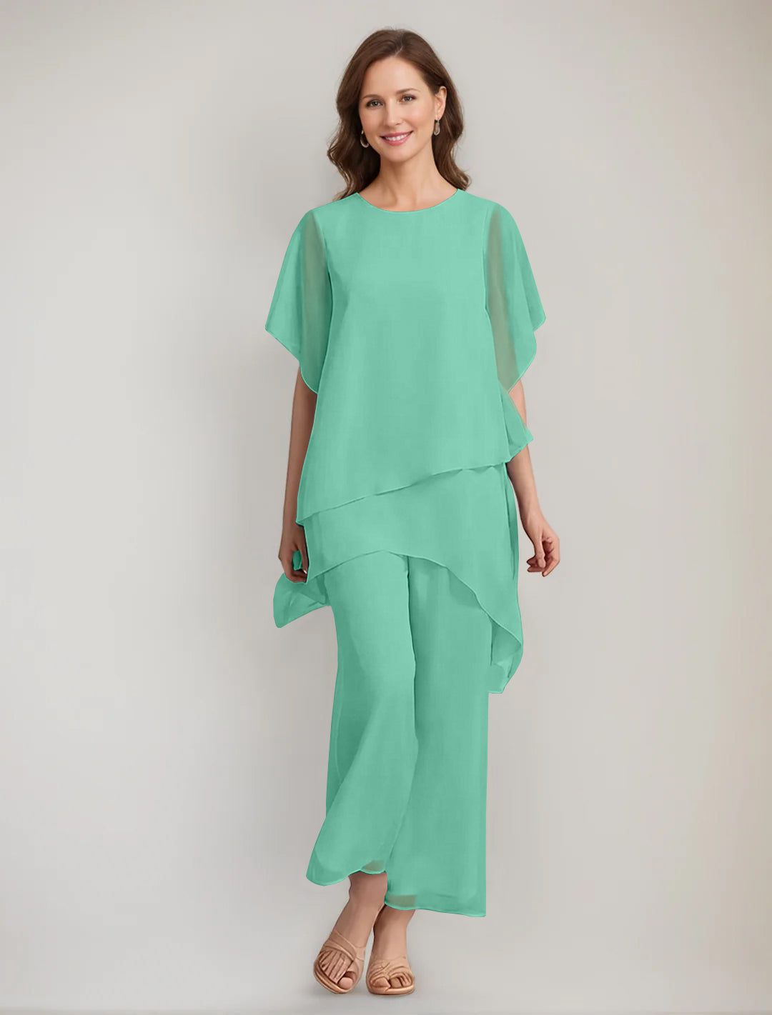 2 Pieces Scoop 1 2 Sleeves Ankle Length Asymmetrical Mother Of The Bride Pantsuits With Button