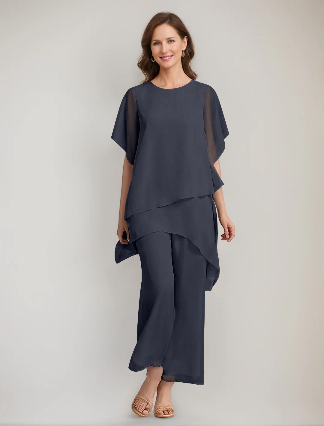 2 Pieces Scoop 1 2 Sleeves Ankle Length Asymmetrical Mother Of The Bride Pantsuits With Button