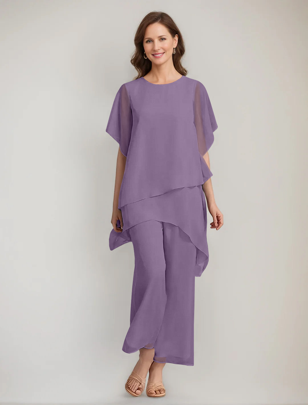 2 Pieces Scoop 1 2 Sleeves Ankle Length Asymmetrical Mother Of The Bride Pantsuits With Button