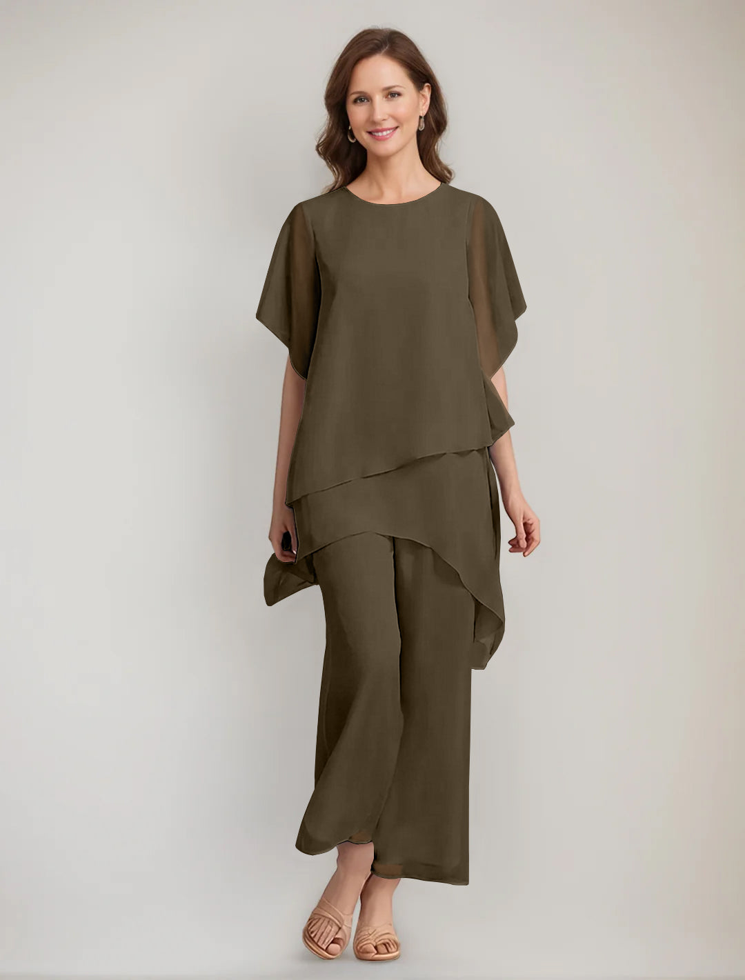 2 Pieces Scoop 1 2 Sleeves Ankle Length Asymmetrical Mother Of The Bride Pantsuits With Button