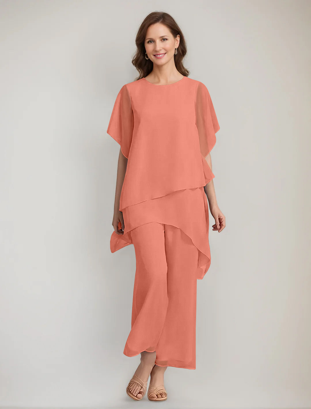 2 Pieces Scoop 1 2 Sleeves Ankle Length Asymmetrical Mother Of The Bride Pantsuits With Button