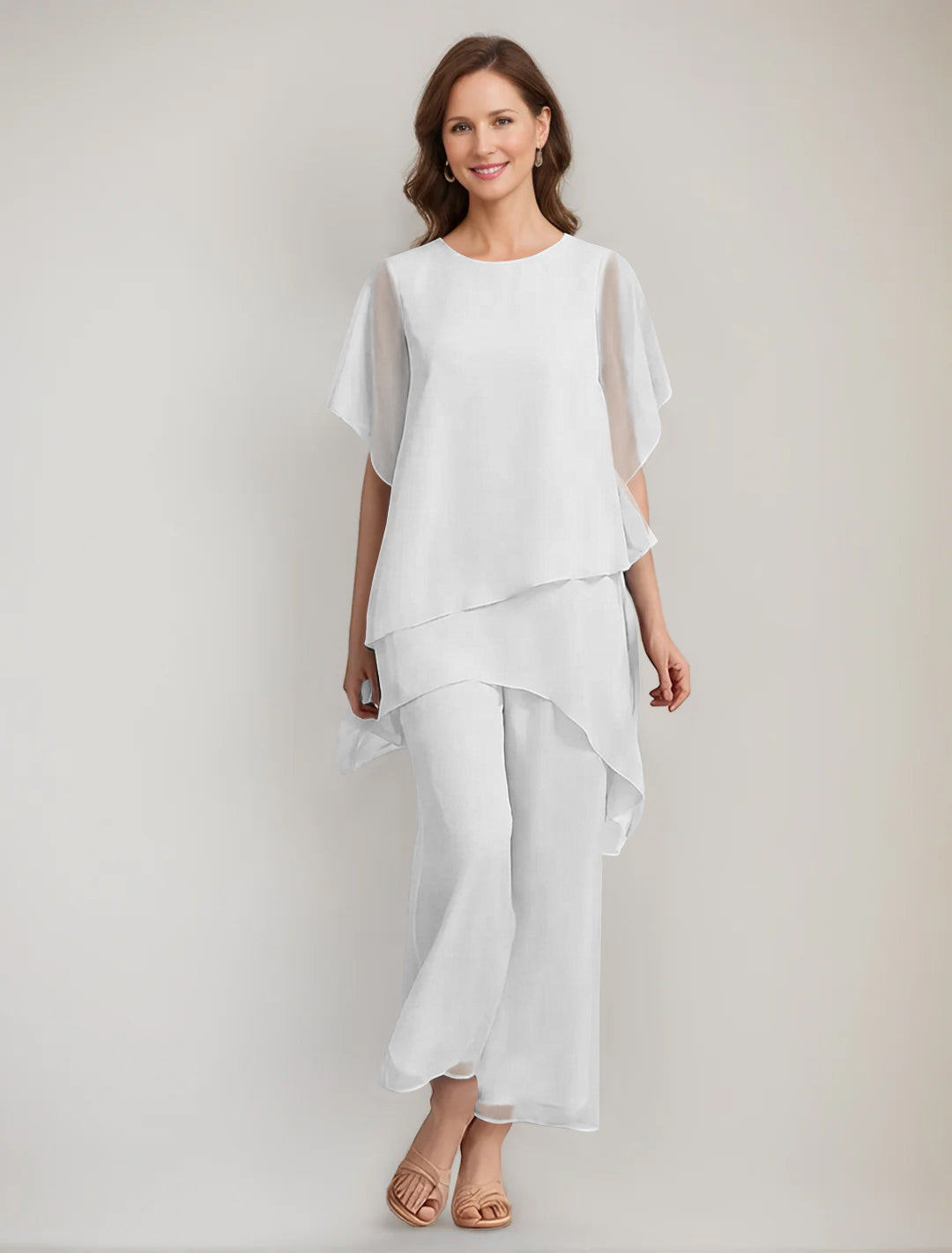 2 Pieces Scoop 1 2 Sleeves Ankle Length Asymmetrical Mother Of The Bride Pantsuits With Button