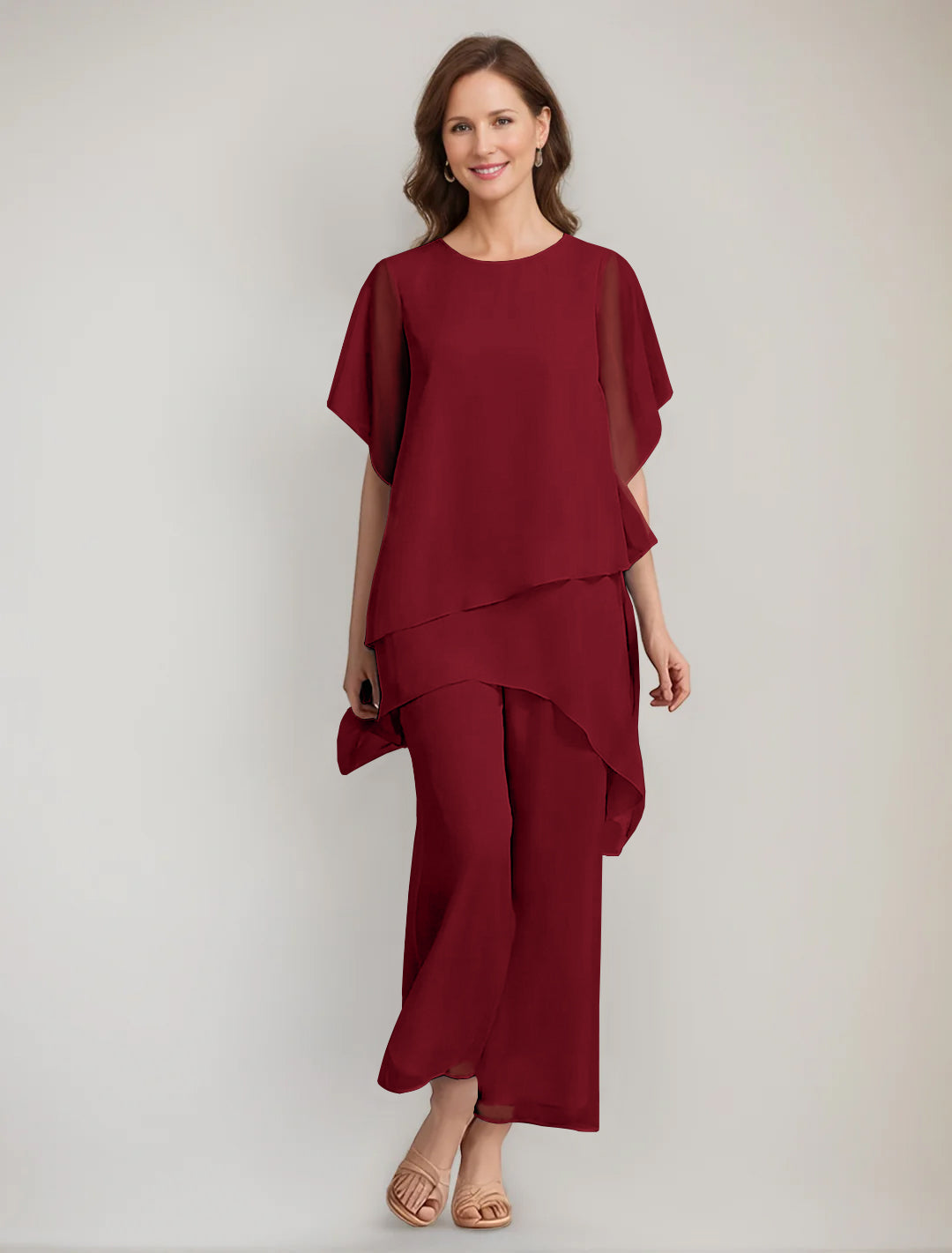 2 Pieces Scoop 1 2 Sleeves Ankle Length Asymmetrical Mother Of The Bride Pantsuits With Button