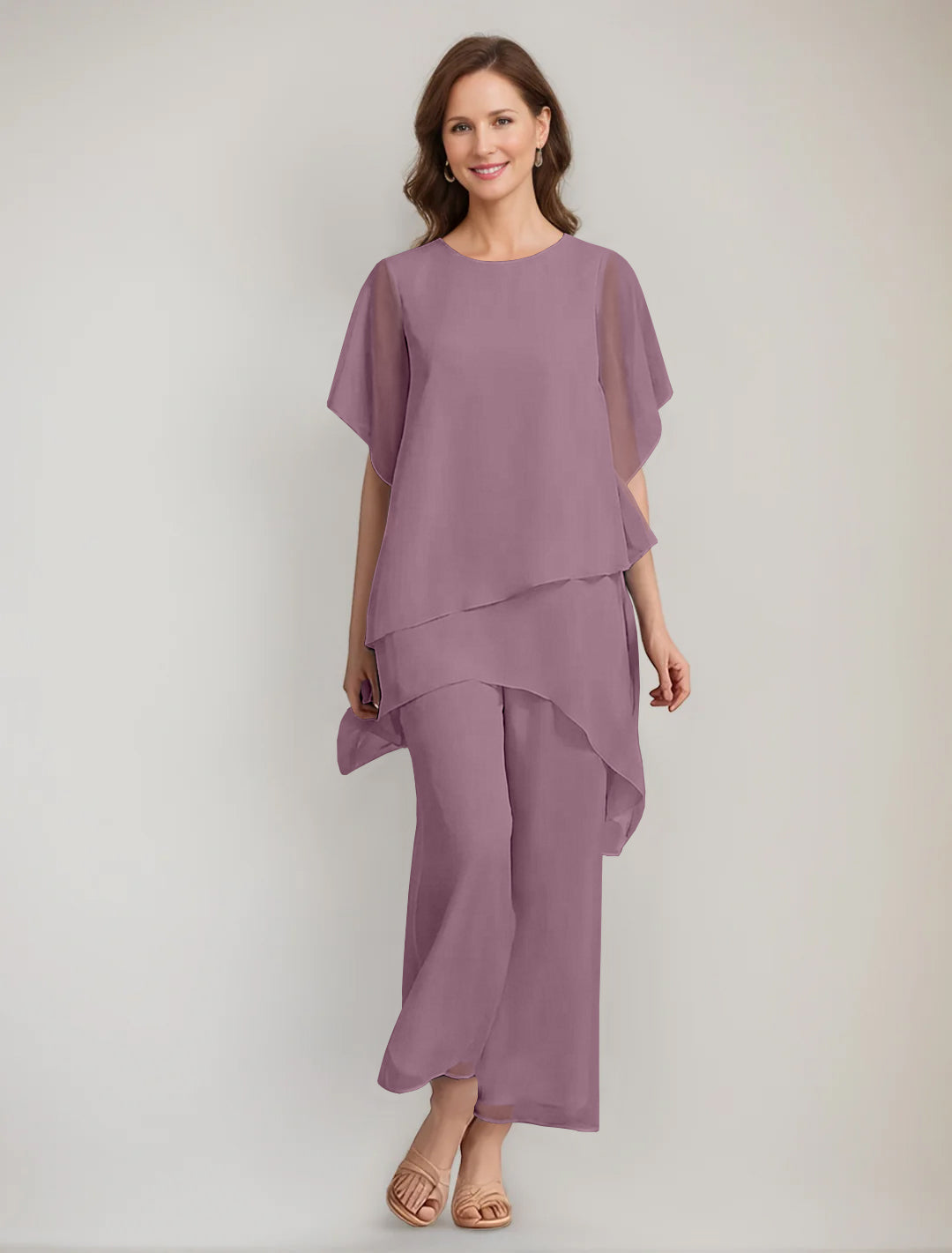 2 Pieces Scoop 1 2 Sleeves Ankle Length Asymmetrical Mother Of The Bride Pantsuits With Button