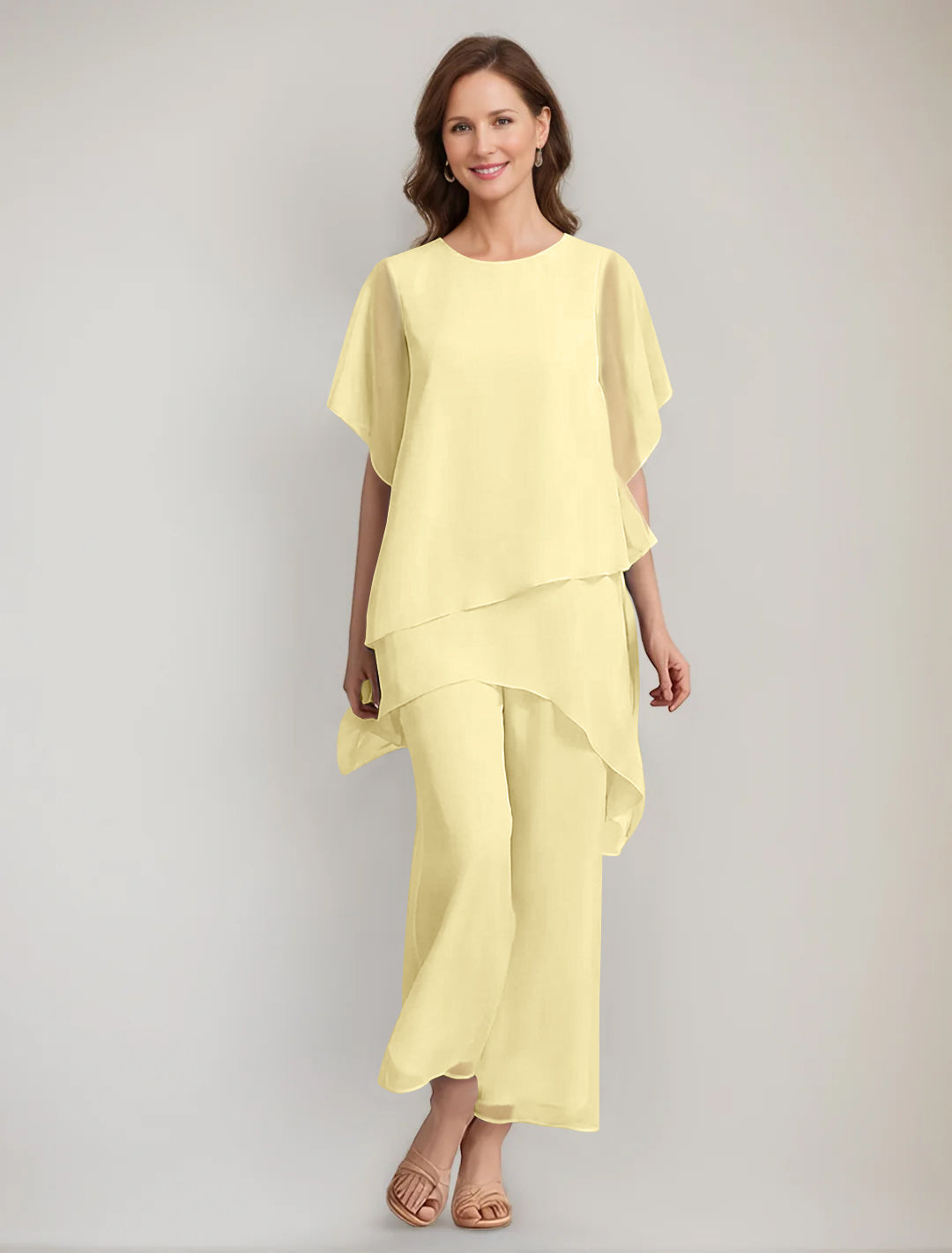 2 Pieces Scoop 1 2 Sleeves Ankle Length Asymmetrical Mother Of The Bride Pantsuits With Button