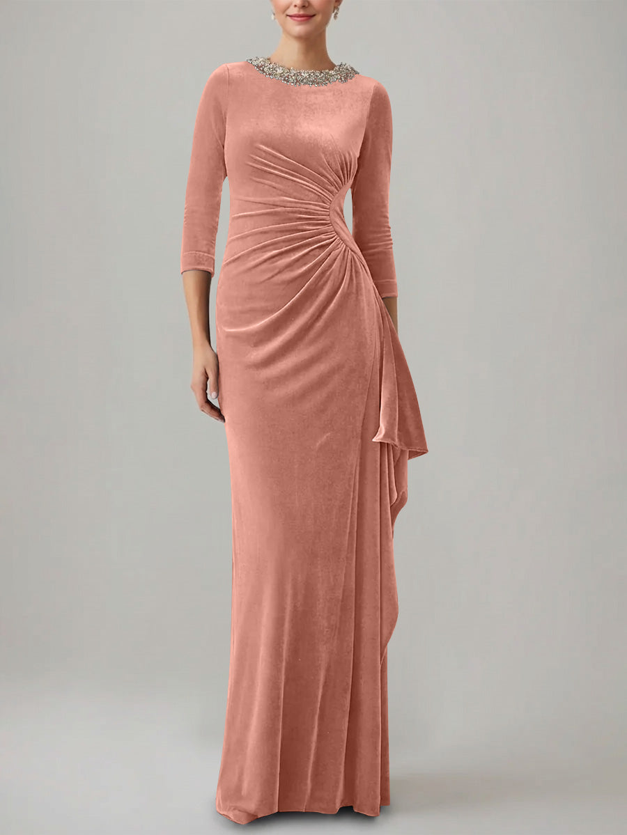 Sheath Column Jewel Neck Velvet Mother Of The Bride Dresses 3 4 Sleeves Floor Length Ruched