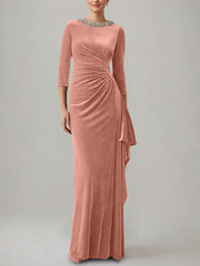 Sheath Column Jewel Neck Velvet Mother Of The Bride Dresses 3 4 Sleeves Floor Length Ruched