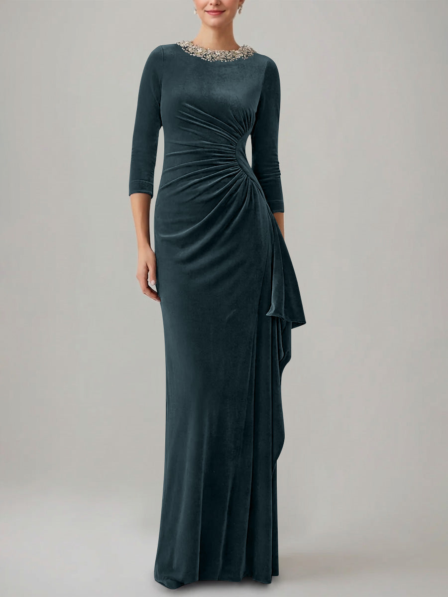 Sheath Column Jewel Neck Velvet Mother Of The Bride Dresses 3 4 Sleeves Floor Length Ruched