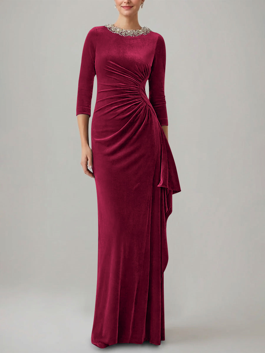 Sheath Column Jewel Neck Velvet Mother Of The Bride Dresses 3 4 Sleeves Floor Length Ruched