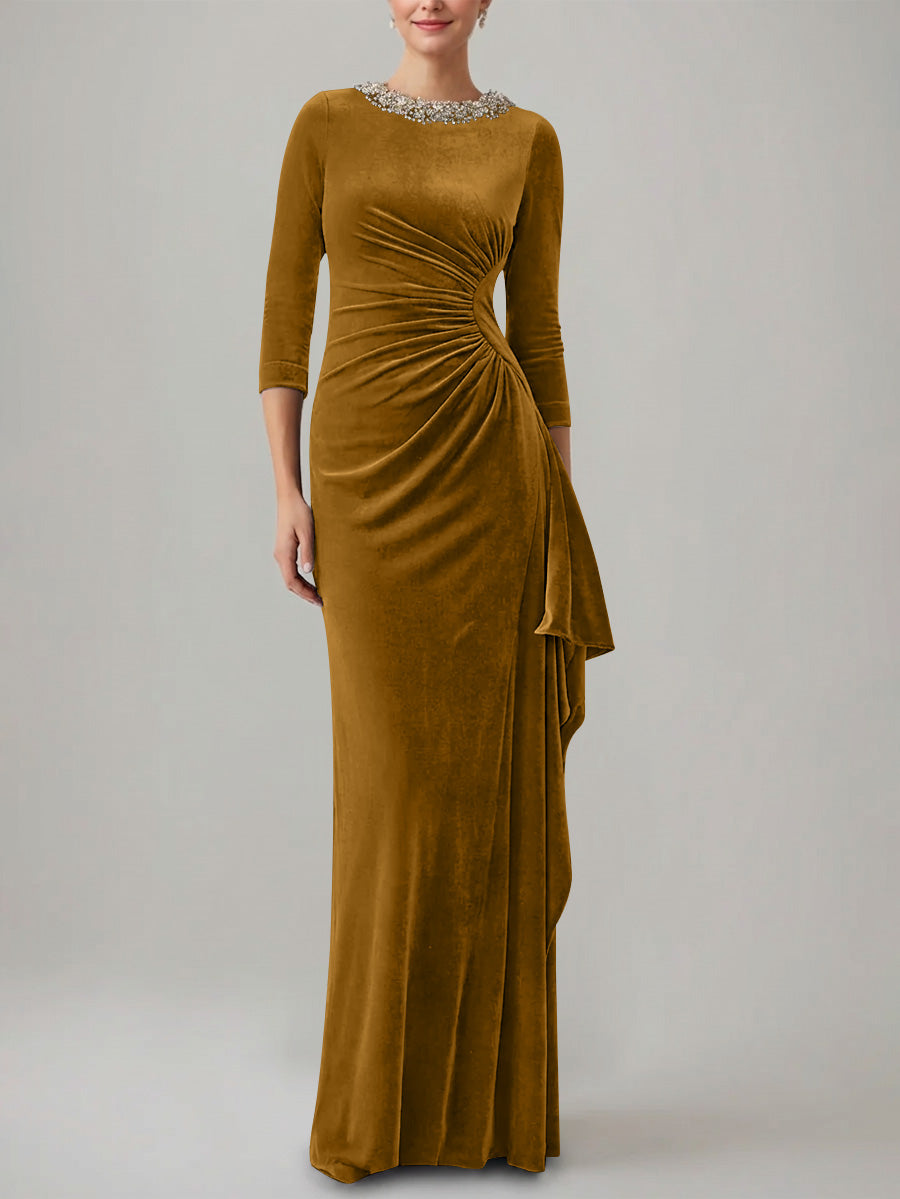 Sheath Column Jewel Neck Velvet Mother Of The Bride Dresses 3 4 Sleeves Floor Length Ruched