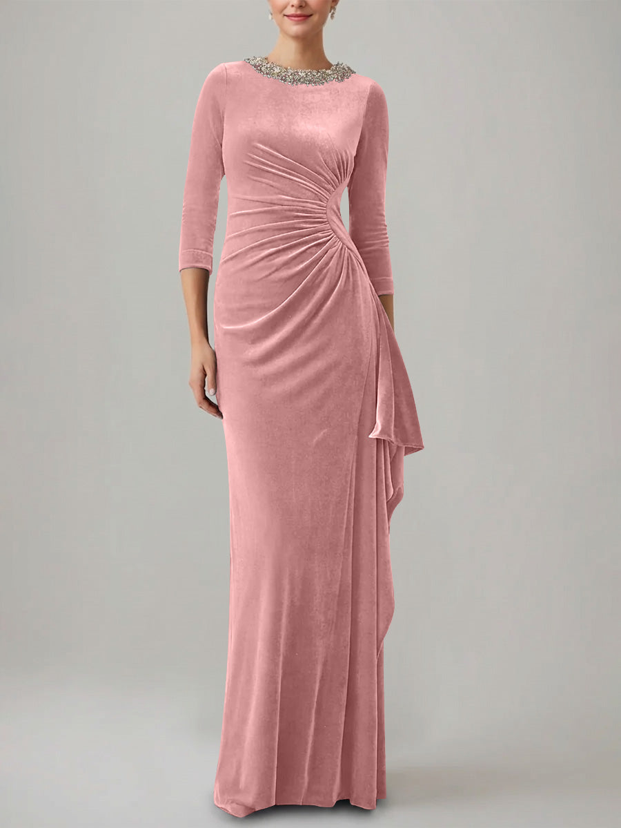 Sheath Column Jewel Neck Velvet Mother Of The Bride Dresses 3 4 Sleeves Floor Length Ruched