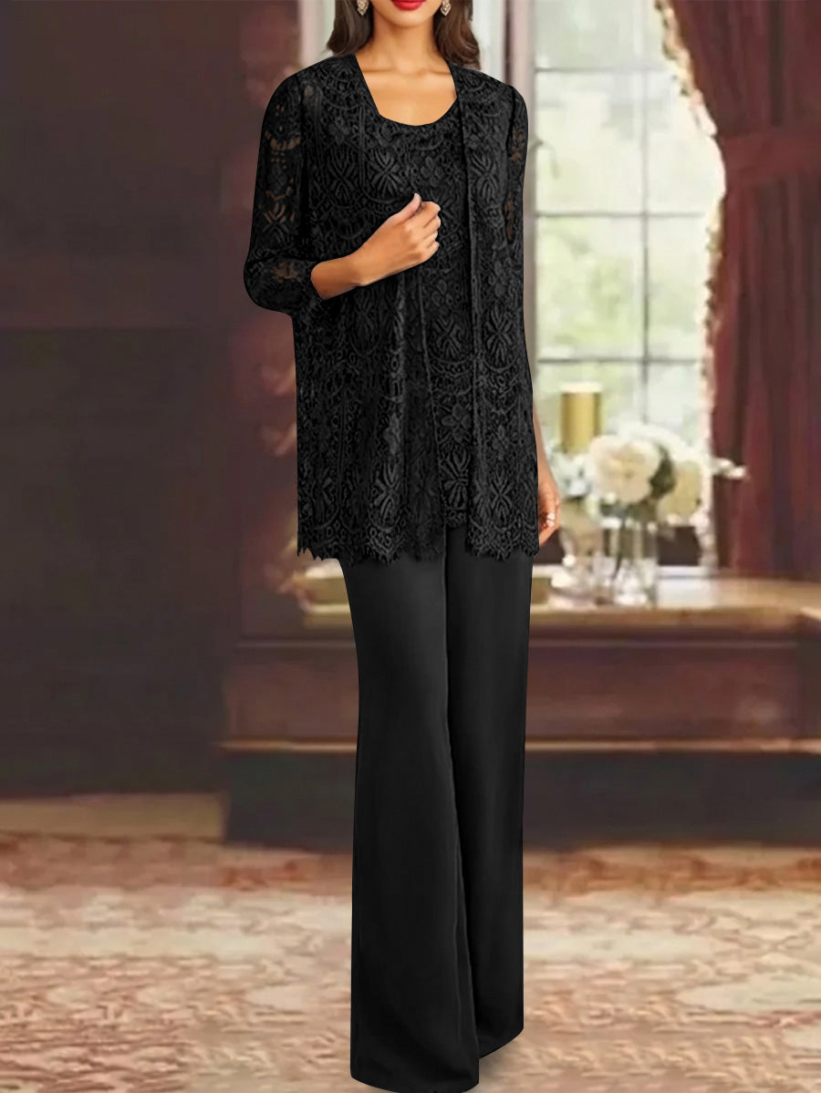 Chiffon Lace Scoop Ankle Length Mother Of The Bride Pantsuits With Jacket