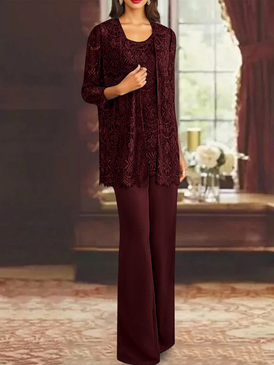 Chiffon Lace Scoop Ankle Length Mother Of The Bride Pantsuits With Jacket