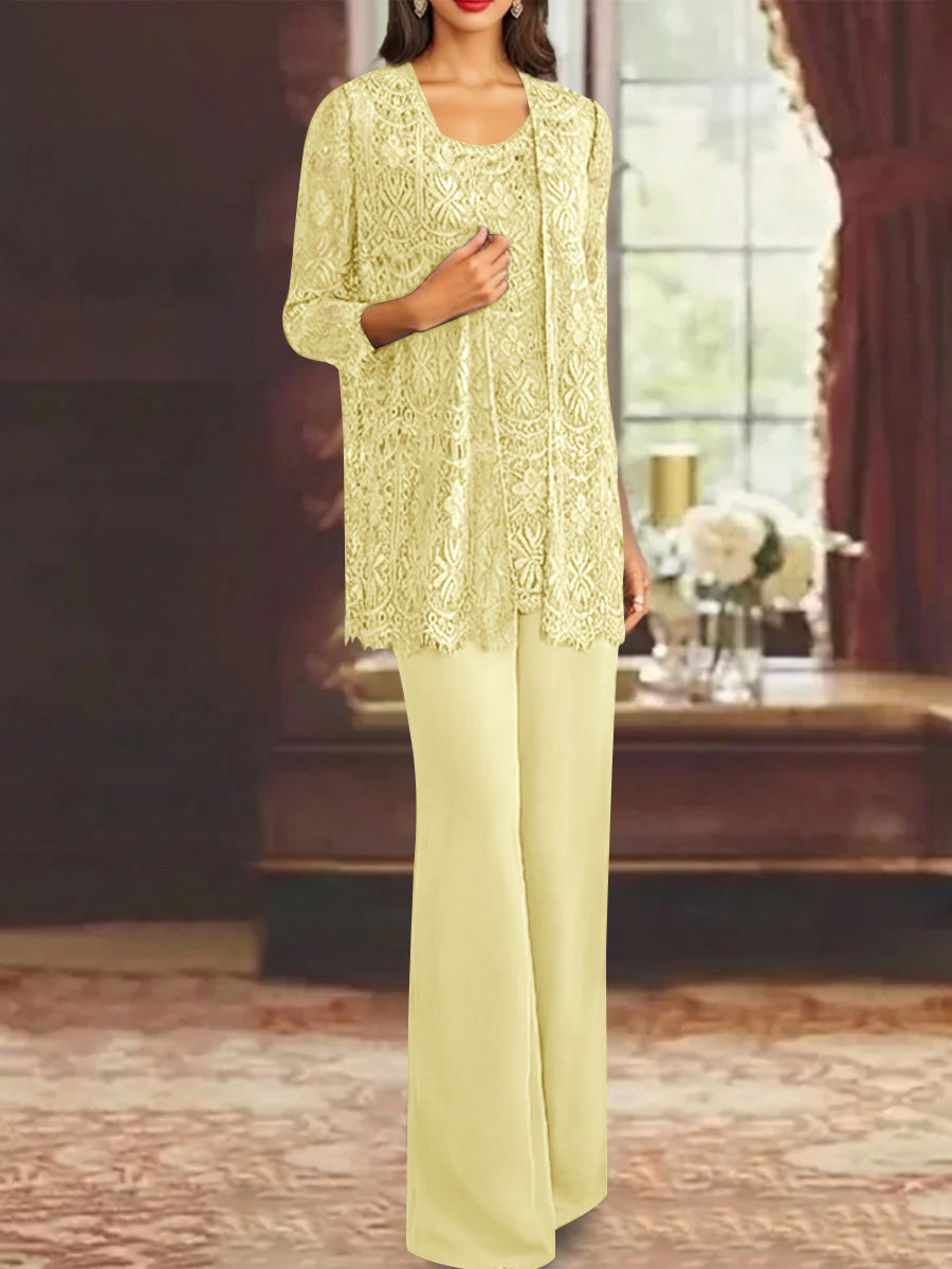 Chiffon Lace Scoop Ankle Length Mother Of The Bride Pantsuits With Jacket