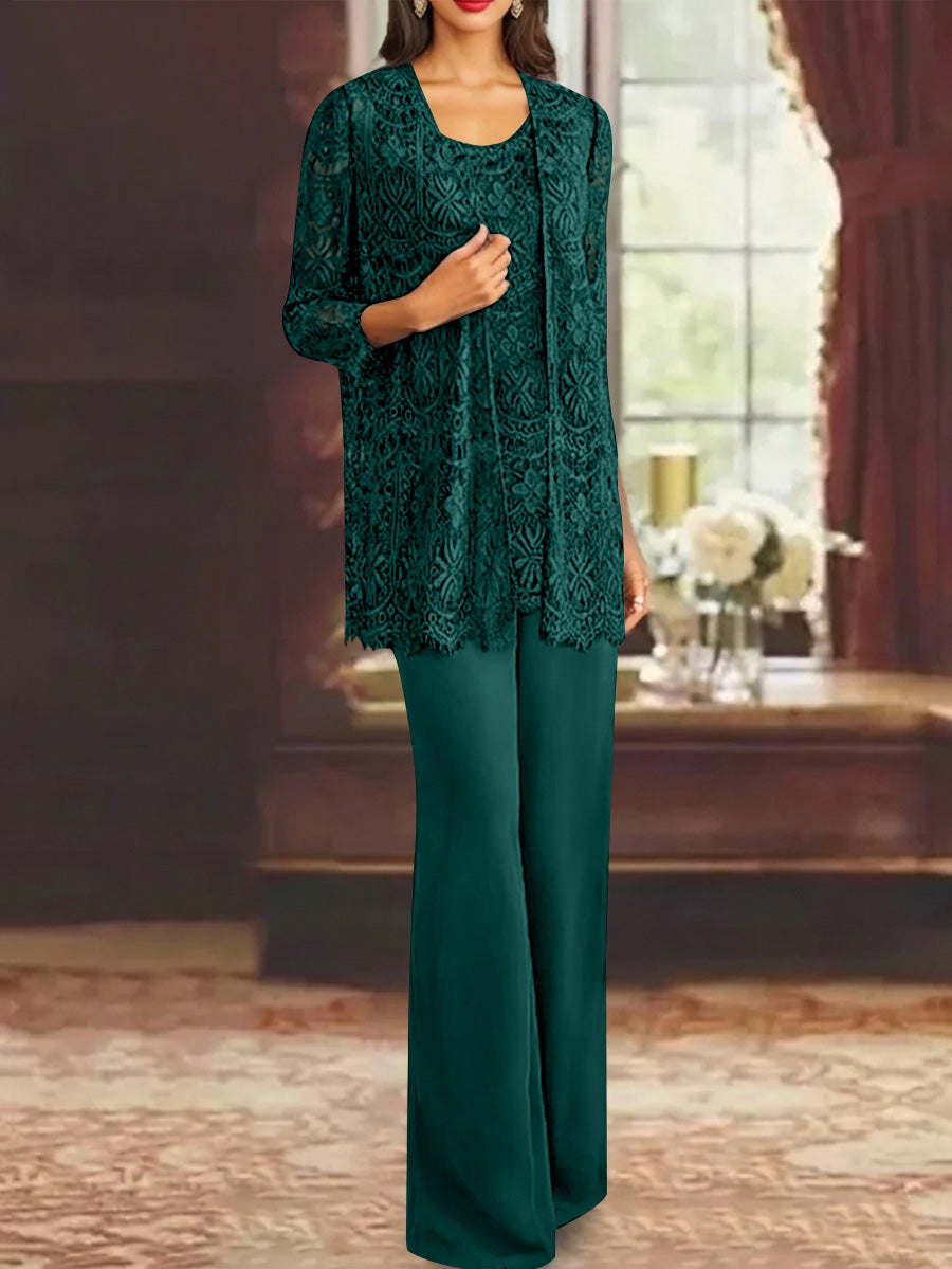 Chiffon Lace Scoop Ankle Length Mother Of The Bride Pantsuits With Jacket