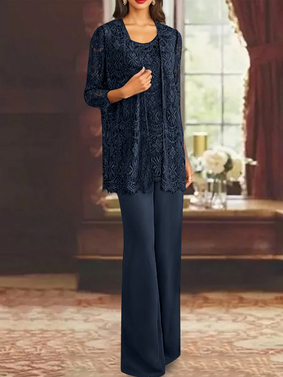 Chiffon Lace Scoop Ankle Length Mother Of The Bride Pantsuits With Jacket